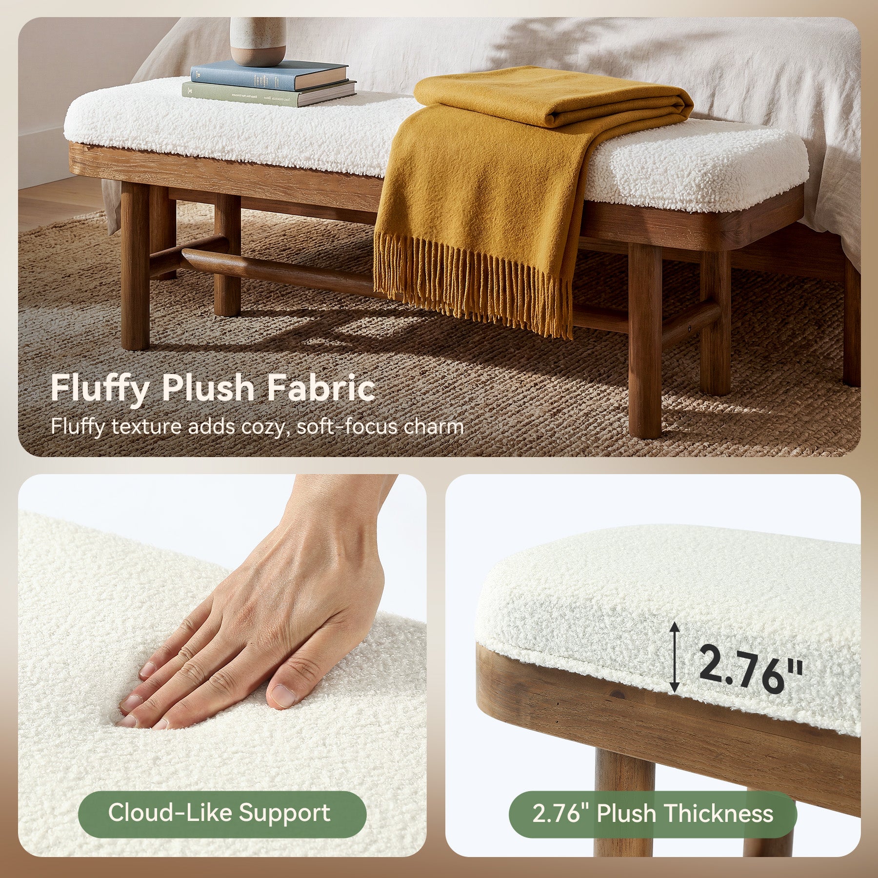 55" Upholstered Bedroom Bench, End of Bed Bench with Solid Wood Frame & Cushion