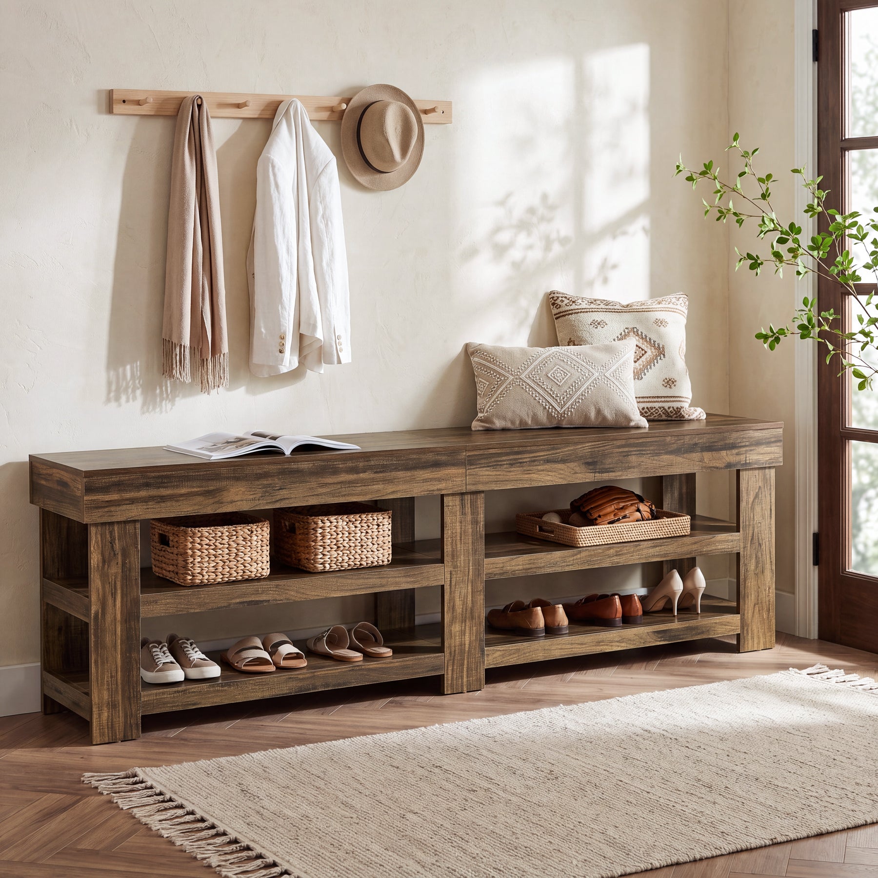 79" Extra Long Entryway Bench with Shoe Storage, Farmhouse Wood Shoe Bench