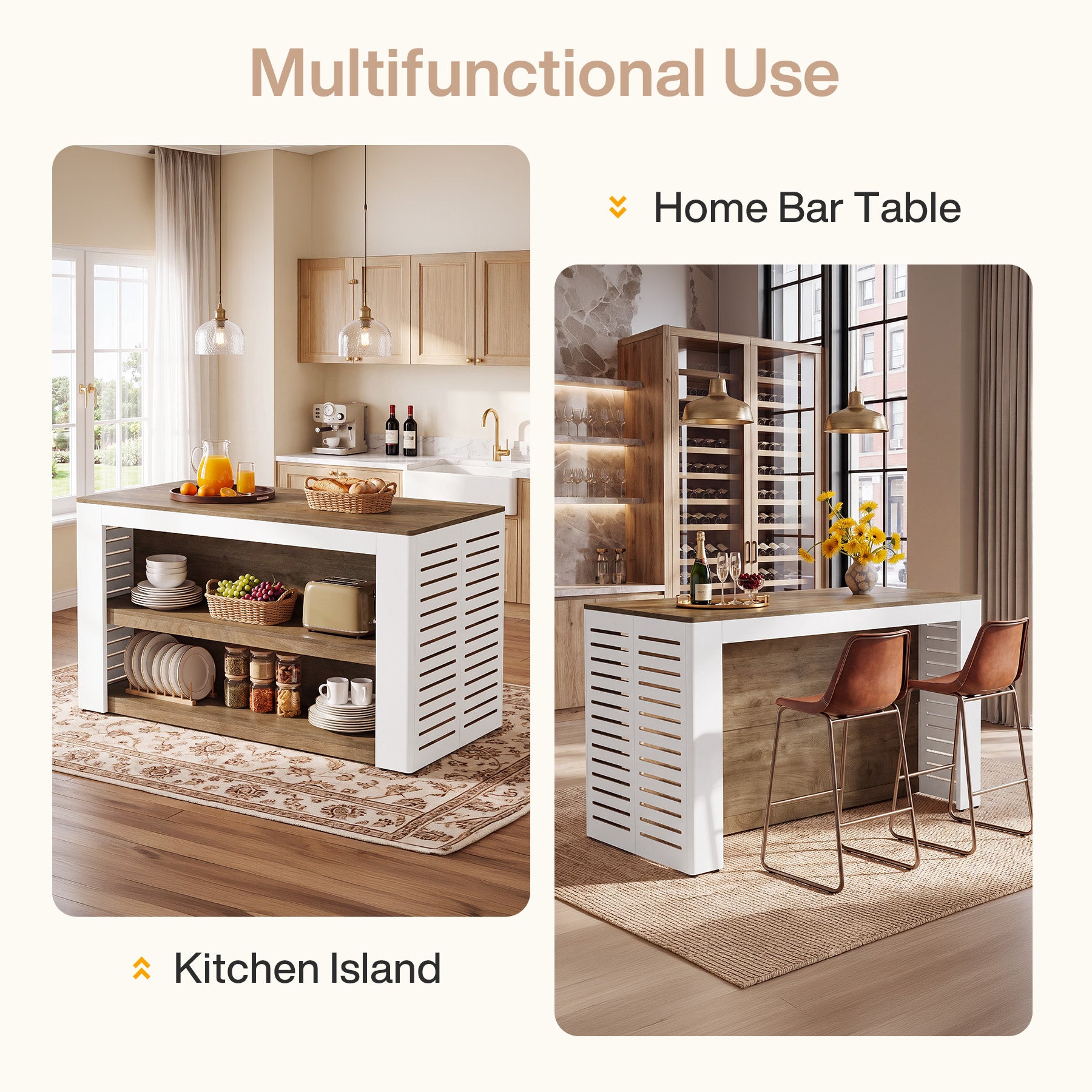 55" Farmhouse Kitchen Island, 3-Tier Wooden Stationary Island Table for Kitchen