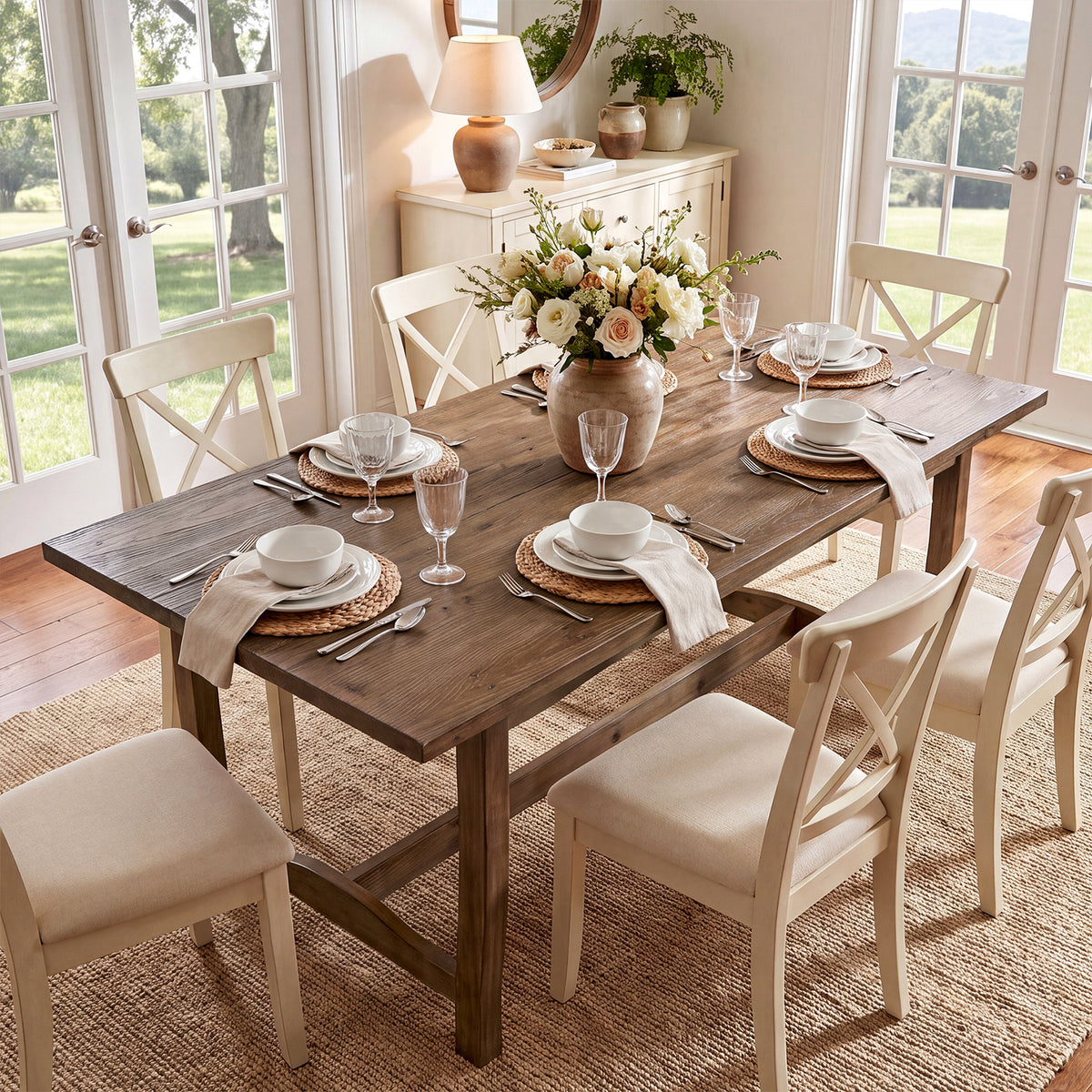 63" Solid Wood Dining Table for 4-6, Rectangle Kitchen Table with Reinforced Trestle Base