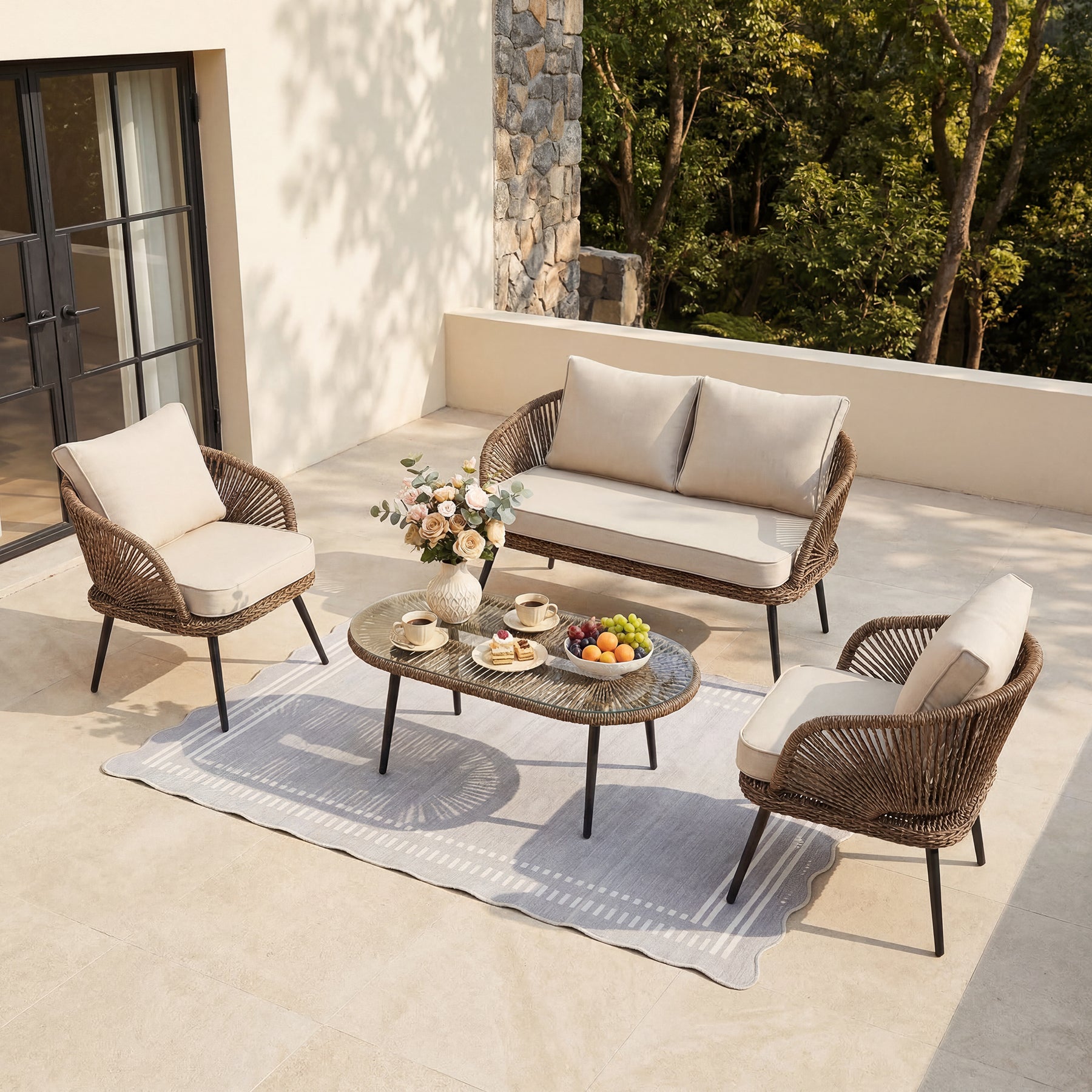 4-Piece Rattan Outdoor Patio Furniture Set with Removable Cushions and Coffee Table