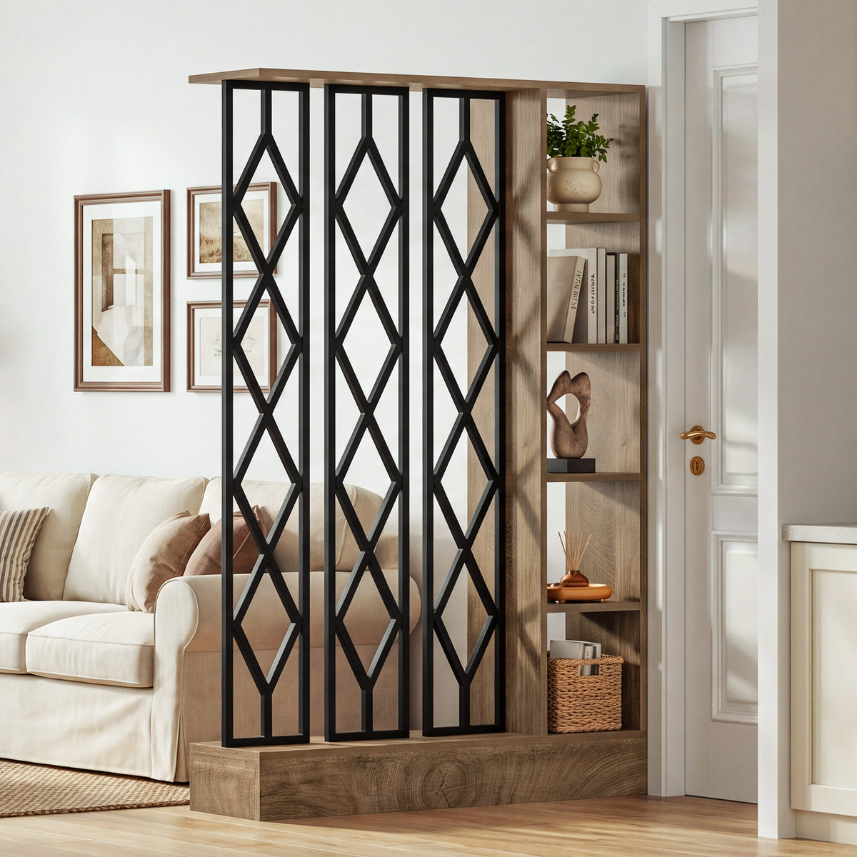70.87" Tall Wall Room Divider, Freestanding Wall Partition with 5-Tier Storage Shelves