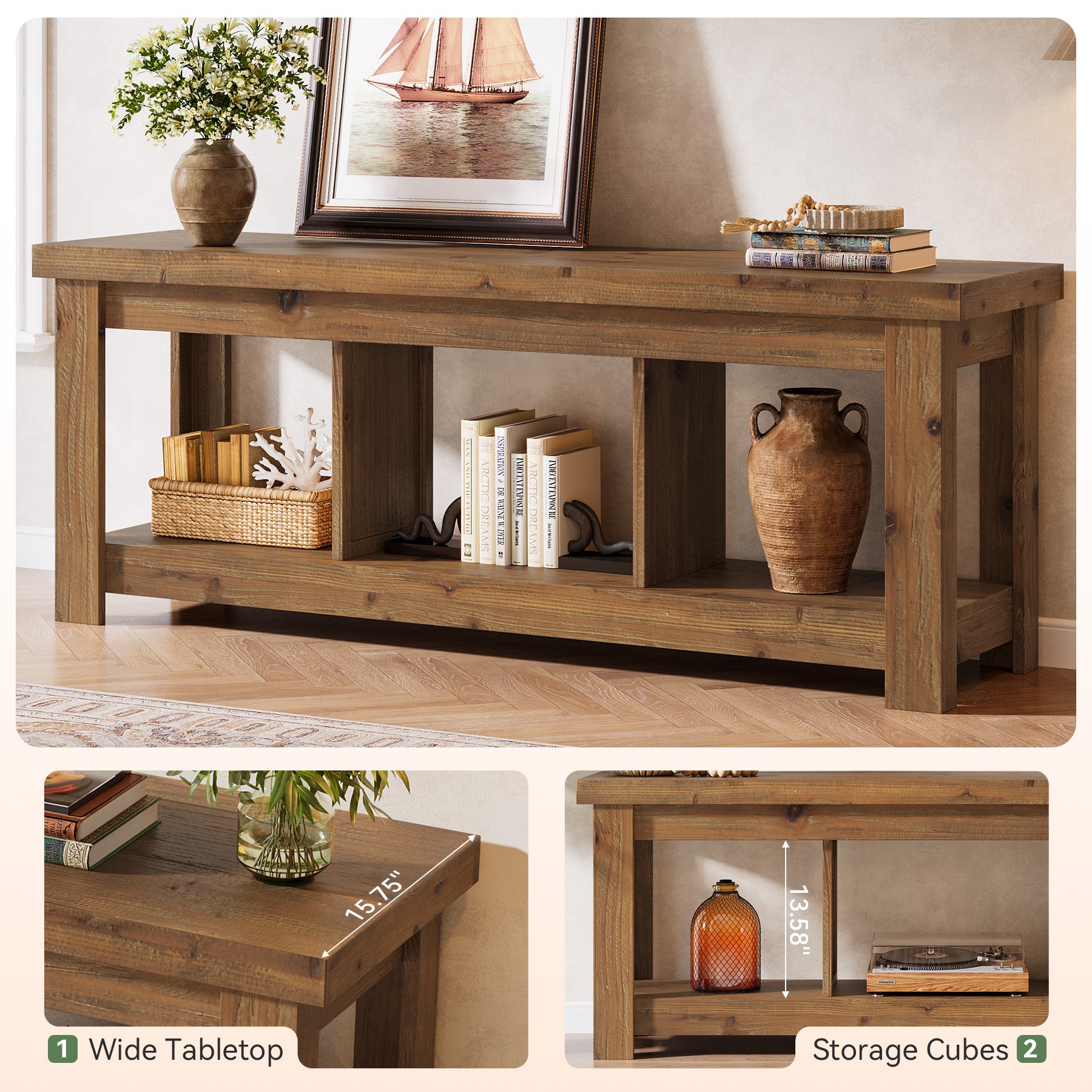 63" Solid Wood TV Stand With 3 Open Shelves for 55/60/65/75-Inch TVs