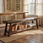 63" Wood Dining Room Bench, Farmhouse Kitchen Bench Seating with Storage Shelf