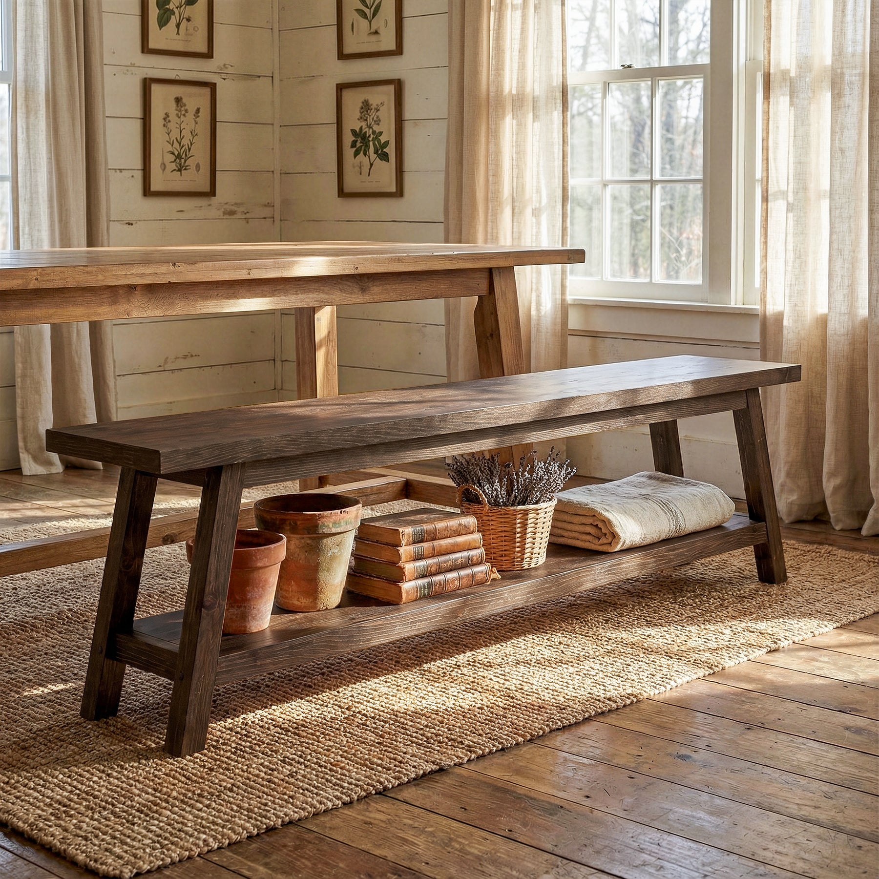63" Wood Dining Room Bench, Farmhouse Kitchen Bench Seating with Storage Shelf