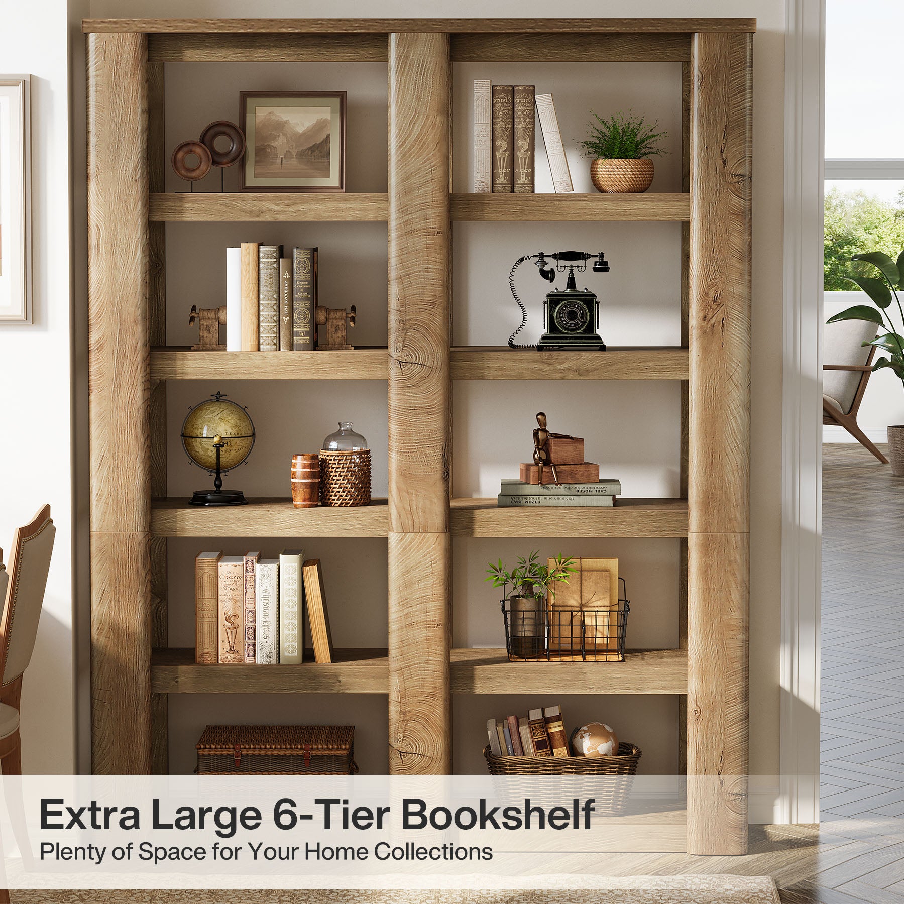 6-Tier Bookshelf, 71" Farmhouse Bookcase with Storage Shelves
