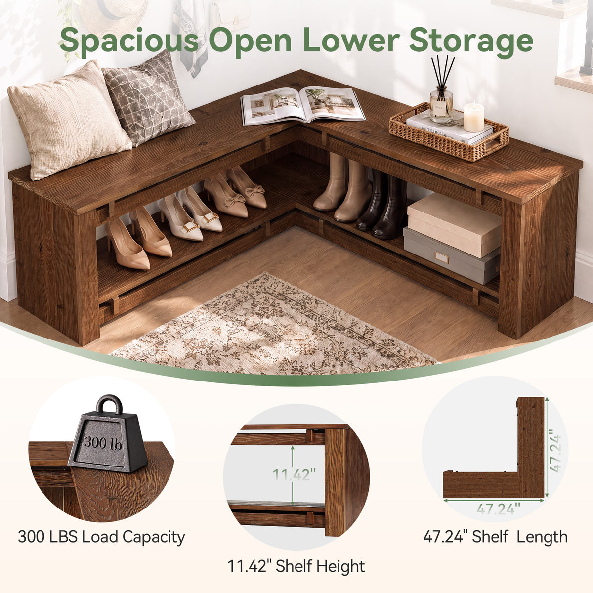 47" L-Shaped Corner Bench, Rustic Solid Wood Shoe Storage, Backless Entryway Mudroom
