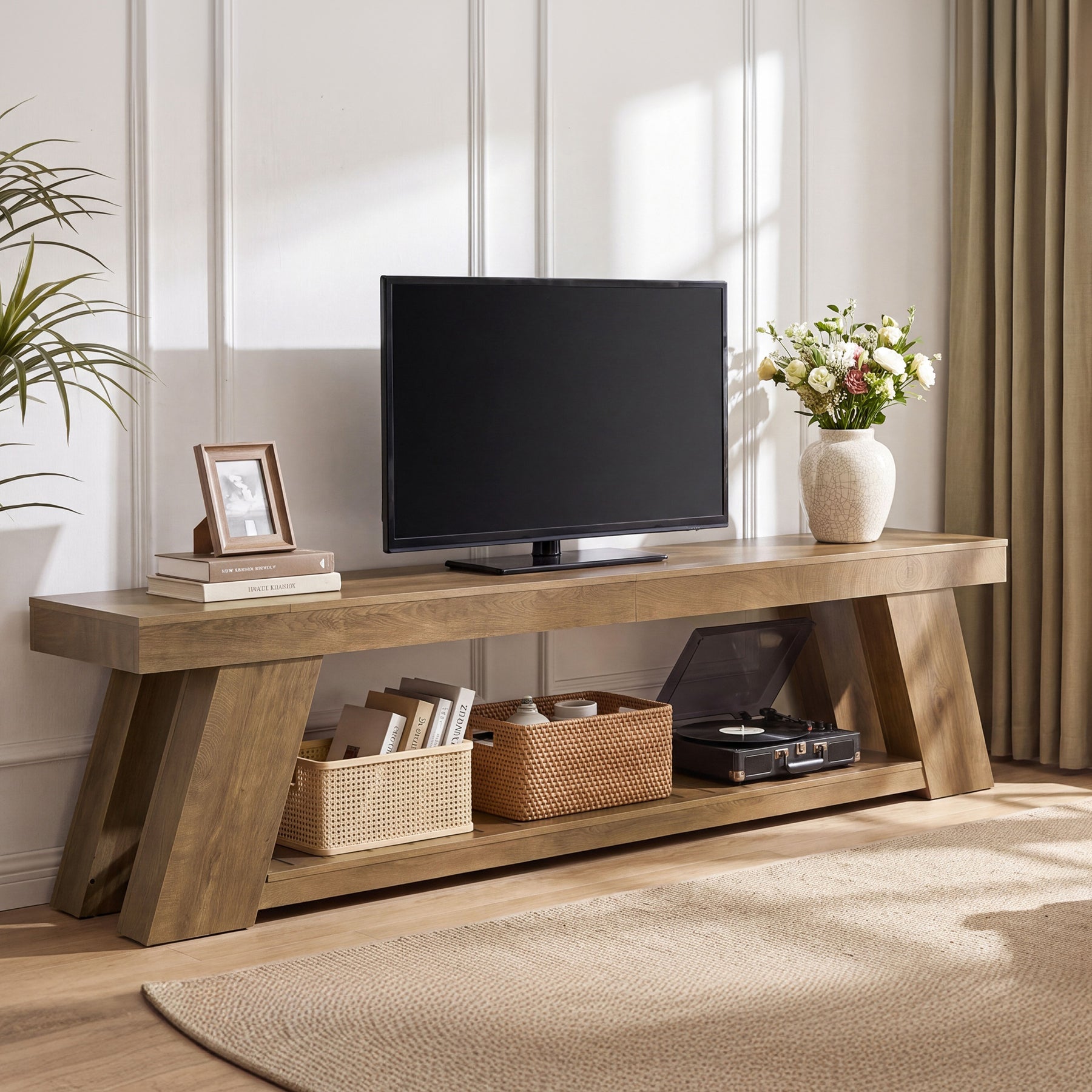87" TV Stand for 85" TV, Farmhouse Entertainment Center, 2-Tier Storage, Extra Long Console