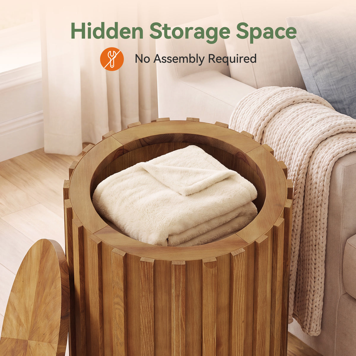 Fluted Round End Table, Solid Wood Cylinder Hidden Storage, No Assembly Nightstand
