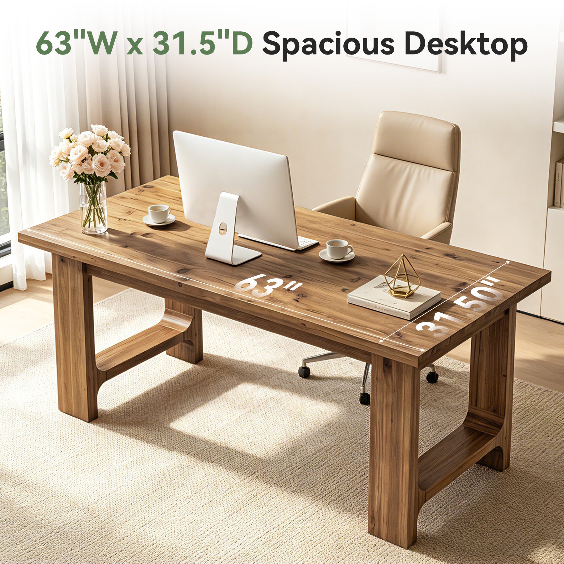 Tribesigns 63-Inch Solid Wood Executive Desk with U-Shaped Legs, Rustic Office Desk for Home Office