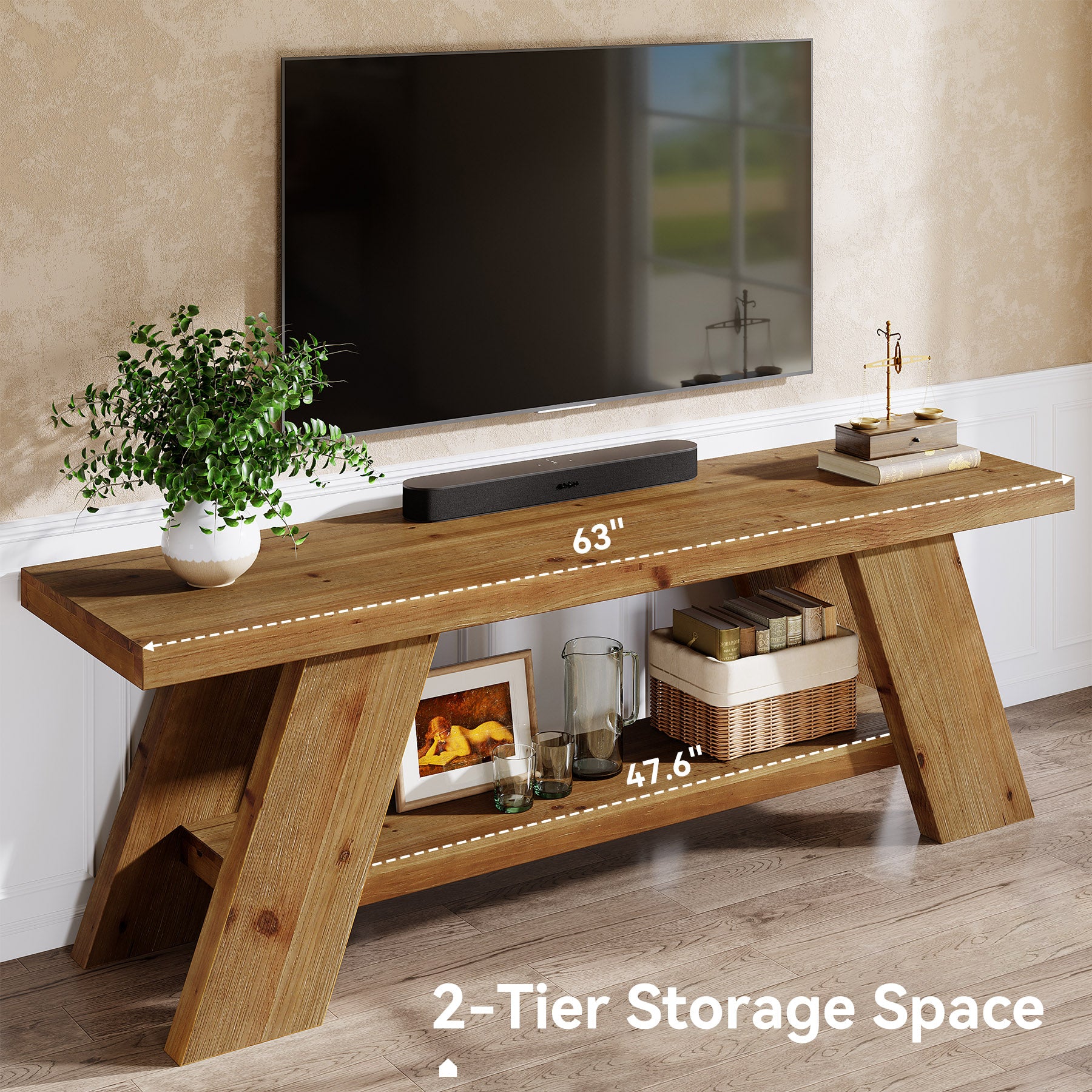 Solid Wood TV Stand with 2-Tier Shelf, 63" TV Media Console for TVs up to 75"