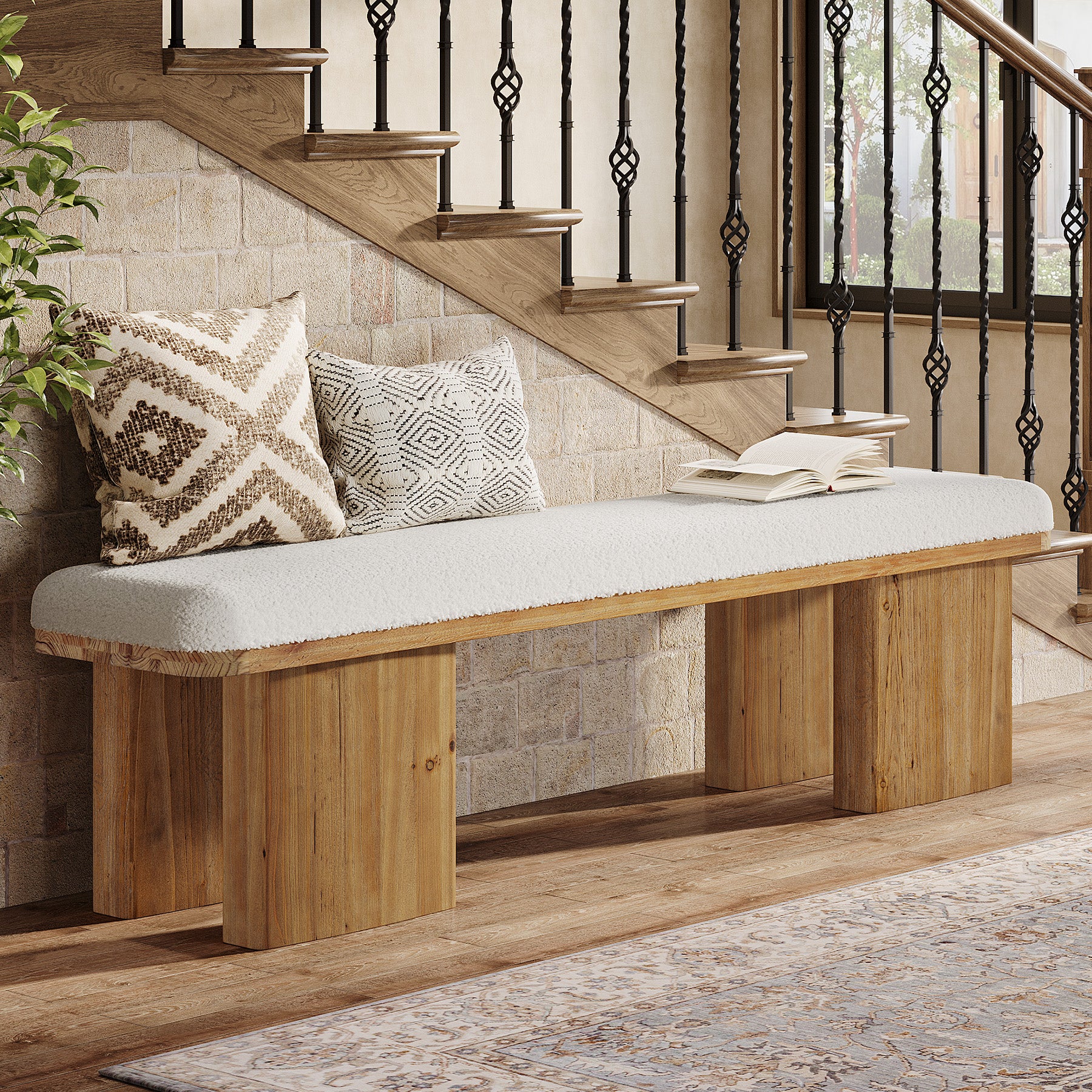 59" Solid Wood Entryway Bench, Modern Upholstered End of Bed Bench