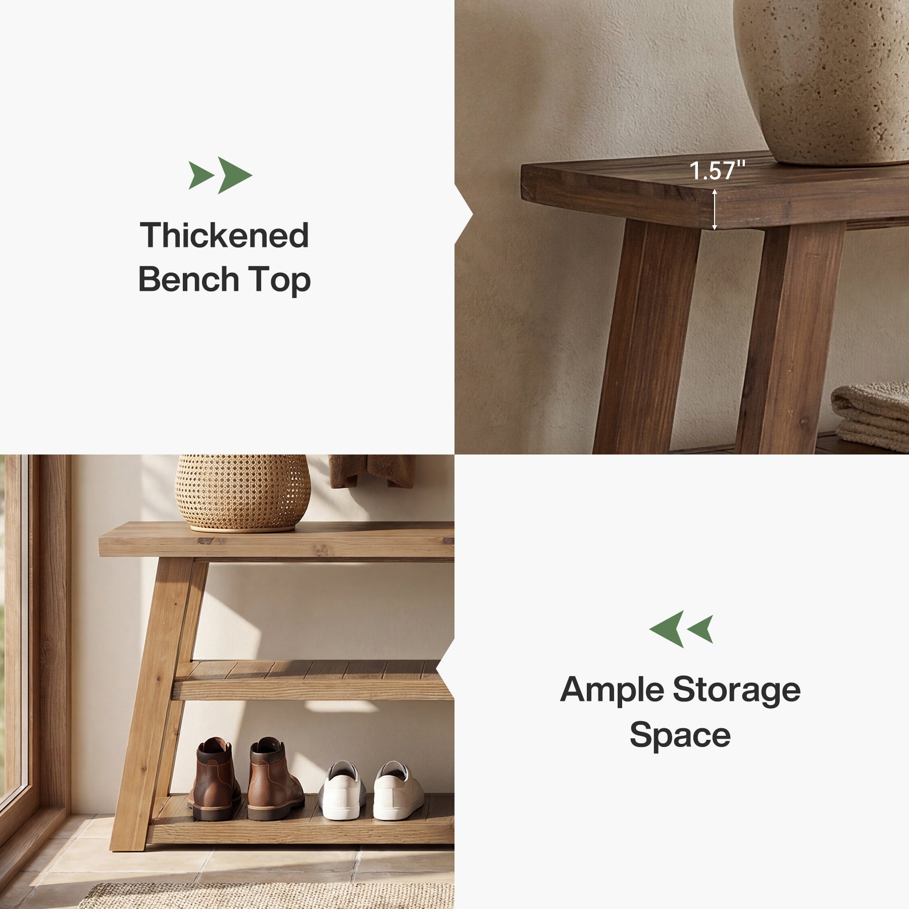 63" Solid Wood Entryway Bench with Storage, 3-Tier Shoe Bench with Open Shelves