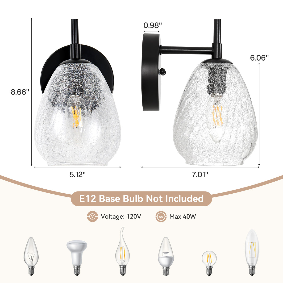 Tribesigns Wall Sconce with Black Crackle Glass, Indoor Wall Light Set of 2