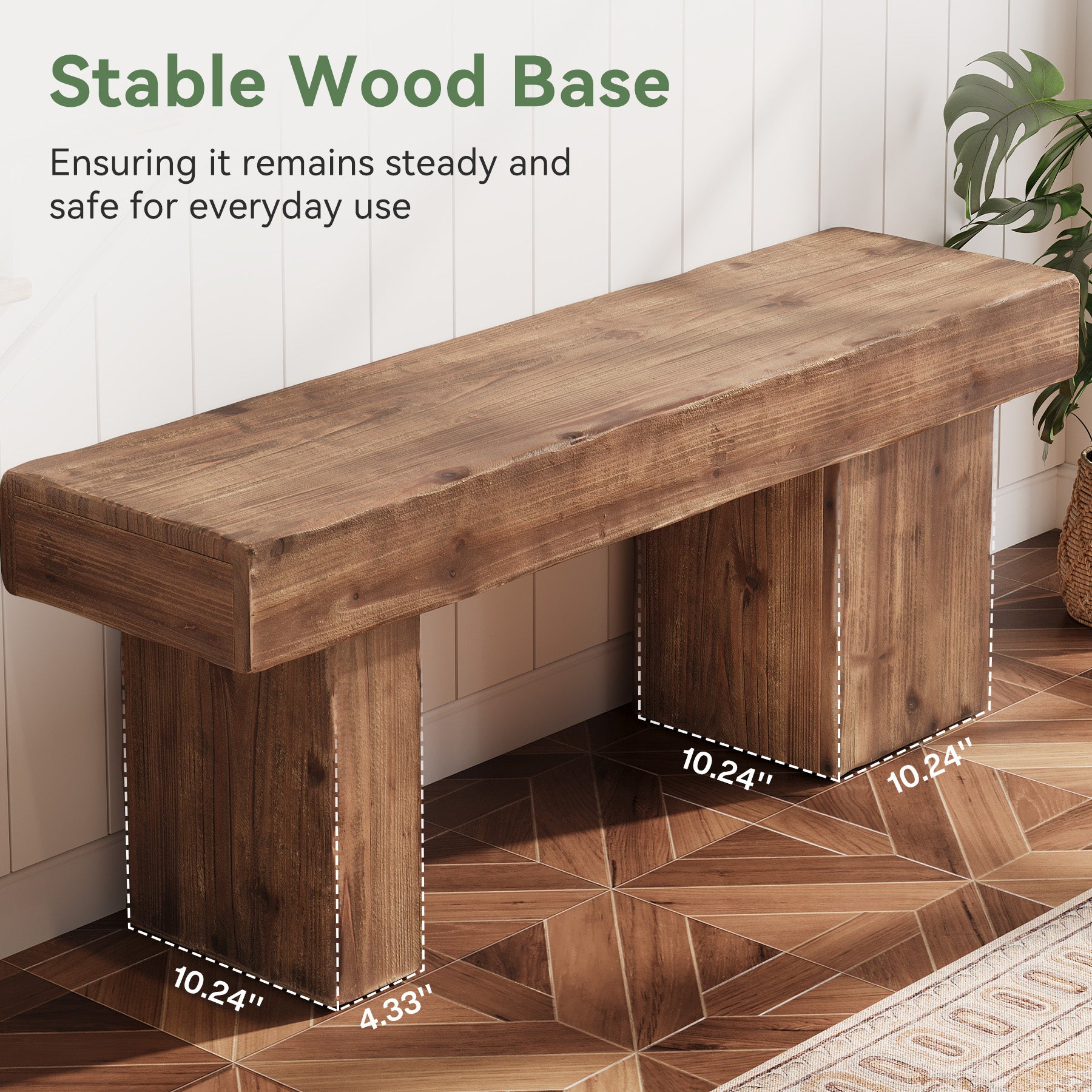 Solid Wood Bench, 47" Farmhouse Entryway Bench with Artistic Legs