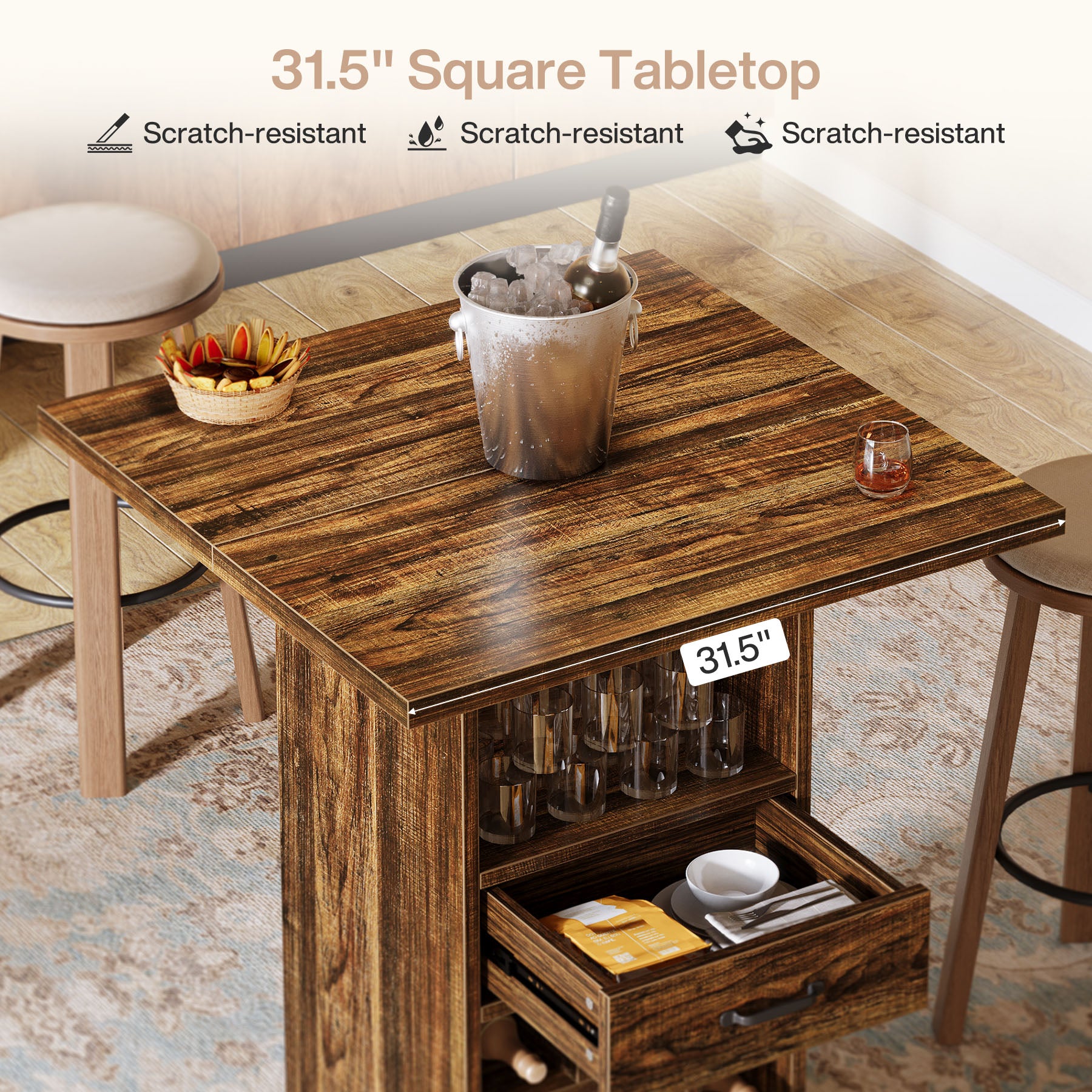 Home Bar Unit,  Square Liquor Bar Cabinet with Storage Drawer and Wine Rack