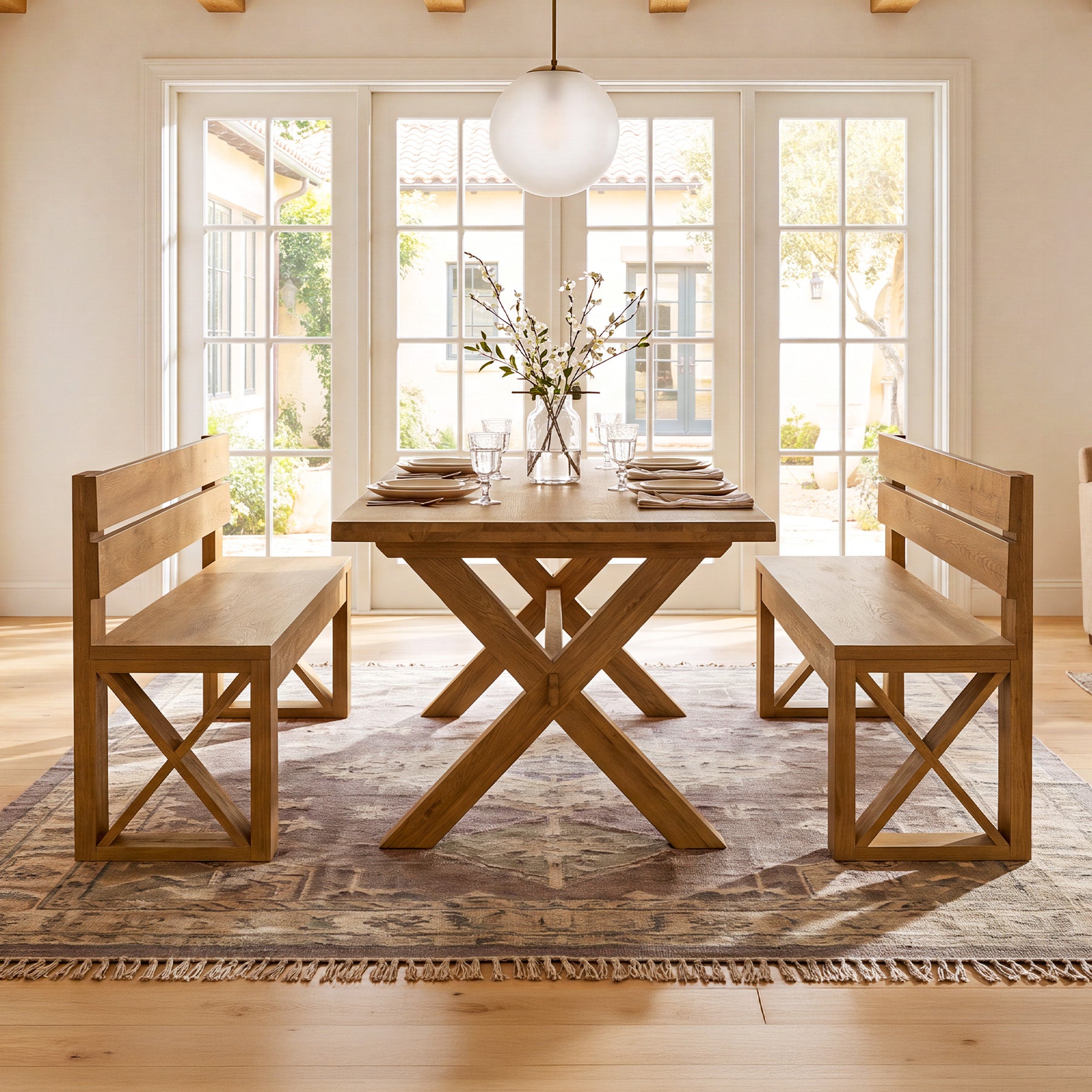 47" Dining Bench with Back, Farmhouse Kitchen Bench, X-Brace, Dining Room