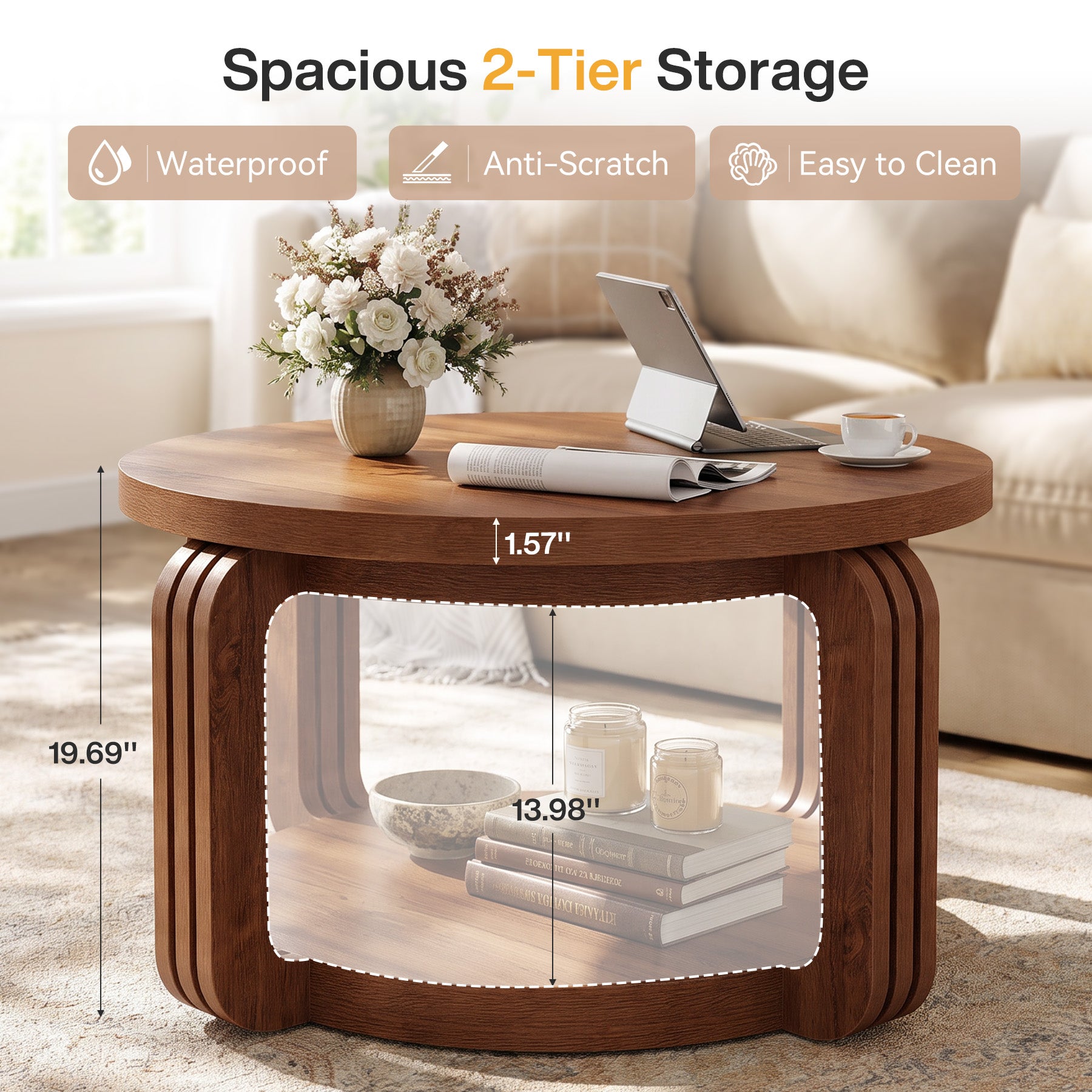 31.5-Inch Round Coffee Table with 2-Tier Storage, Arch Design Center Table for Living Room