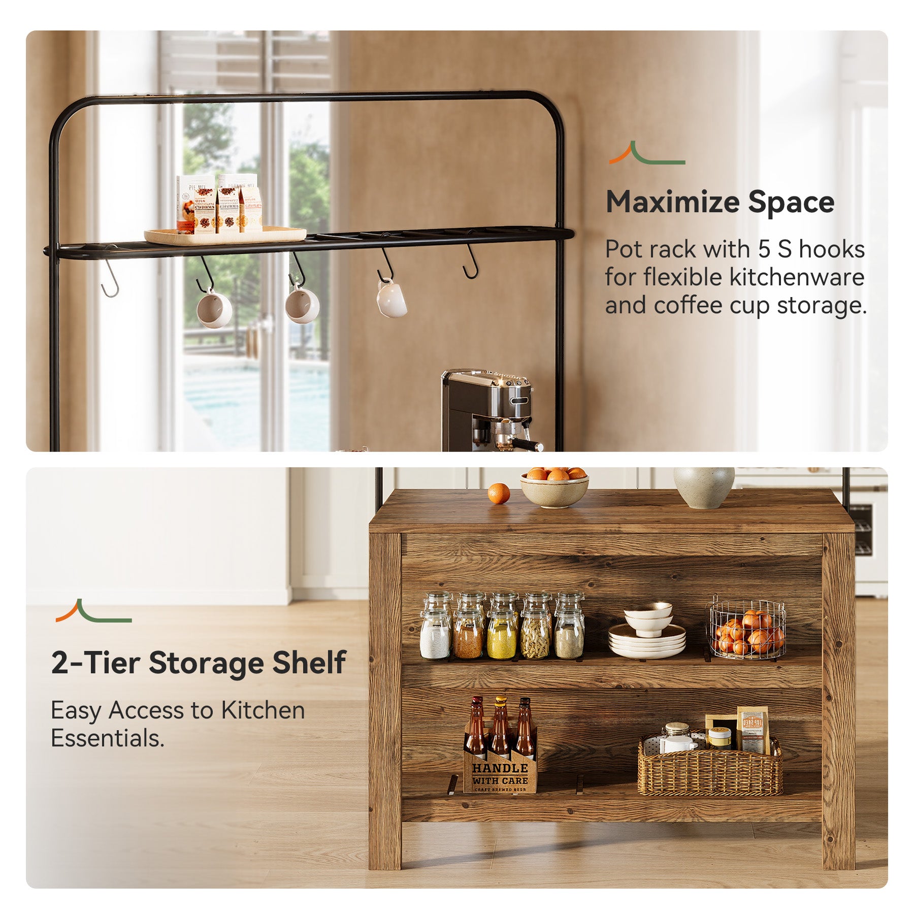 47" Solid Wood Kitchen Island Table with Storage and 5 Hooks