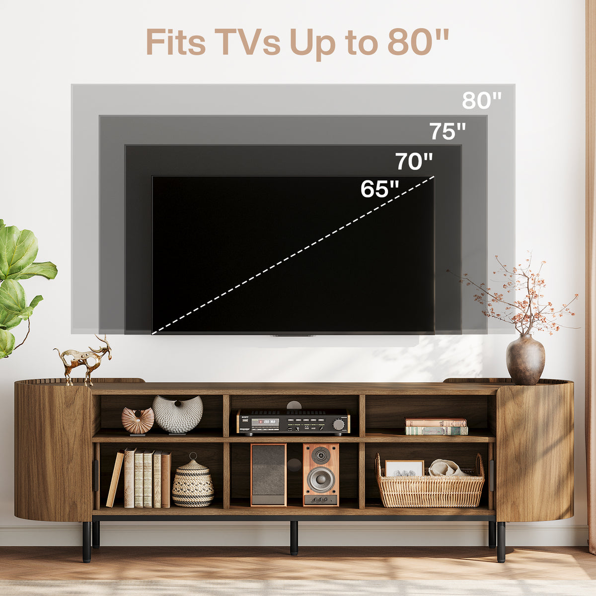 71 Inch TV Stand with Fluted Sliding Doors and Storage, Mid Century Media Console for Living Room
