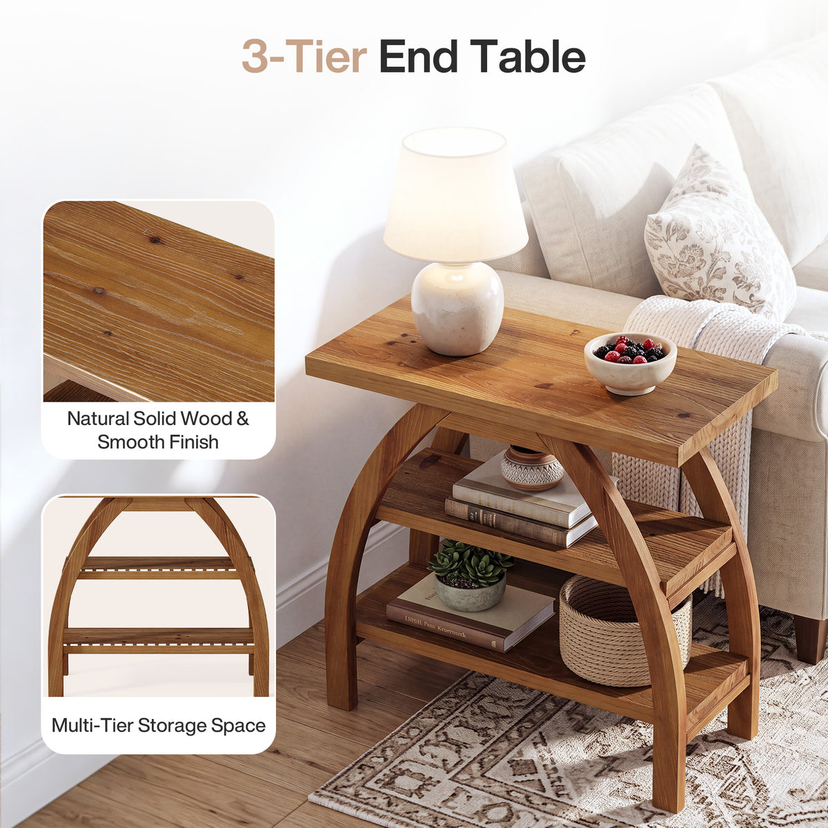 23.6" Solid Wood End Table, 3-Tier Farmhouse Side Table with Arched Leg Design
