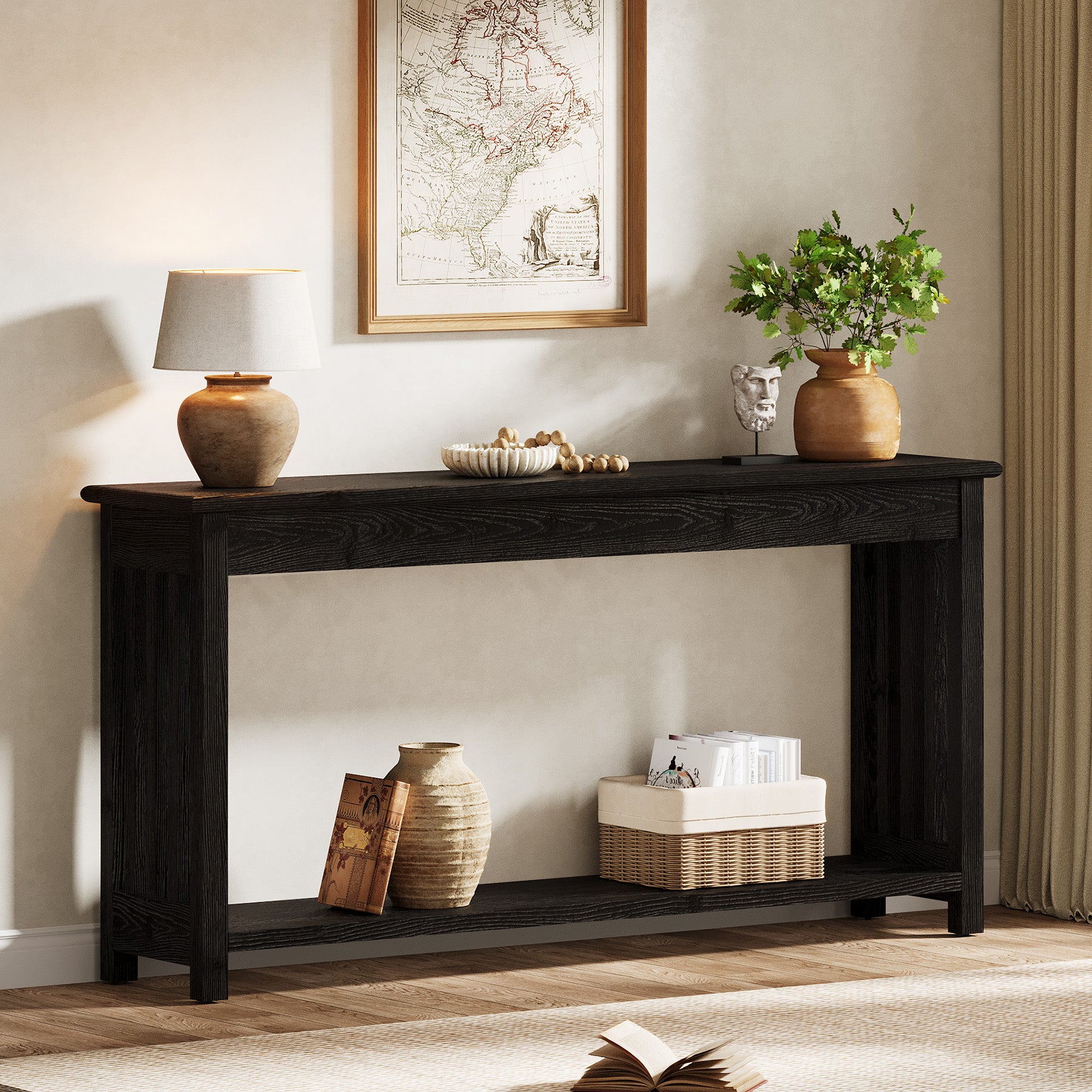 63" Console Table, Farmhouse Wood Entryway Sofa Table with 2-Tier Storage