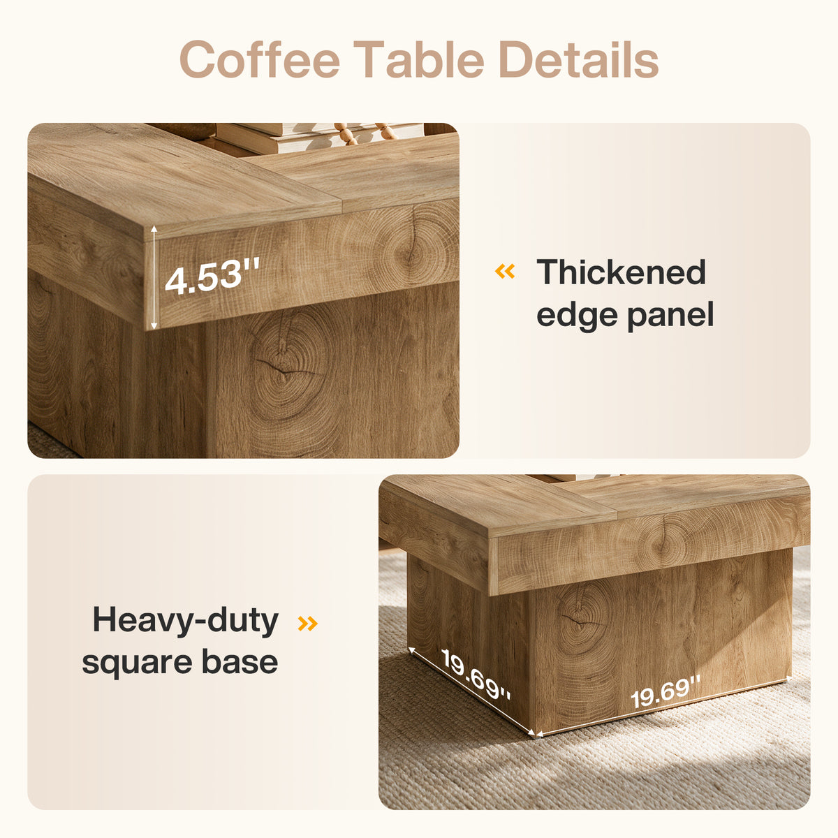 39" Square Farmhouse Coffee Table, Hollow Center Design, Wooden Pedestal Base