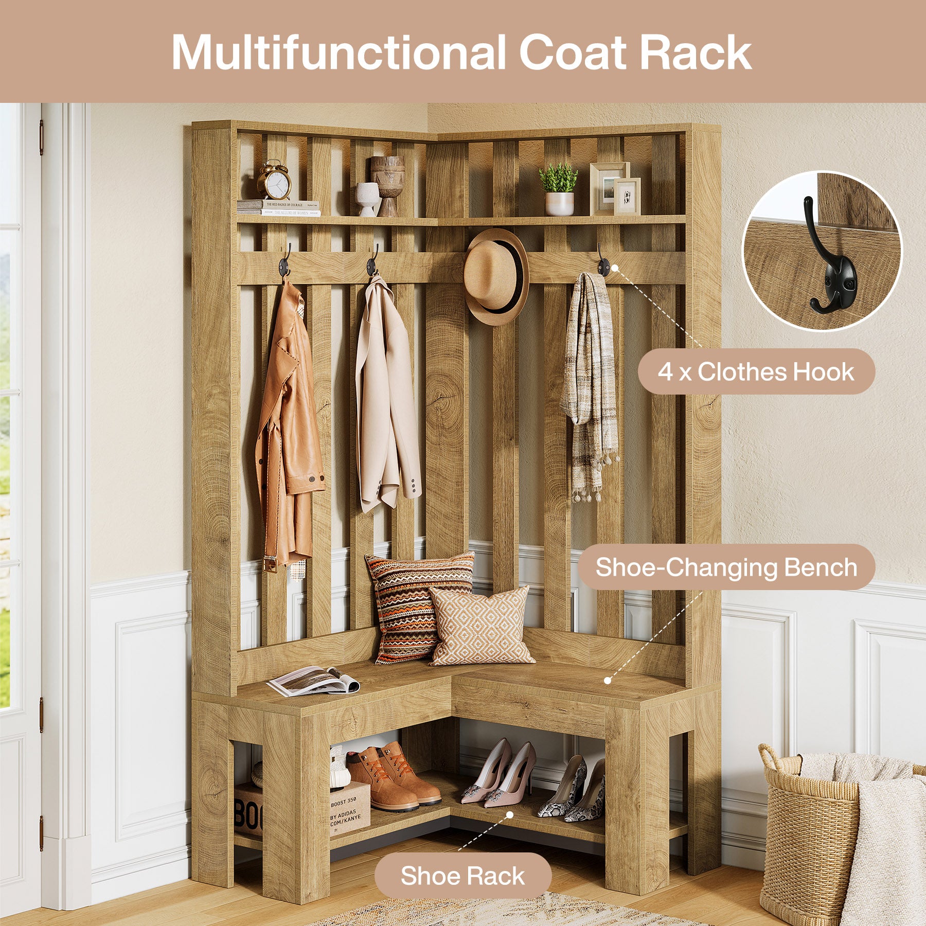 70.8" L-Shaped Coat Rack, Corner Hall Tree with 4 Hooks & Shoe Storage