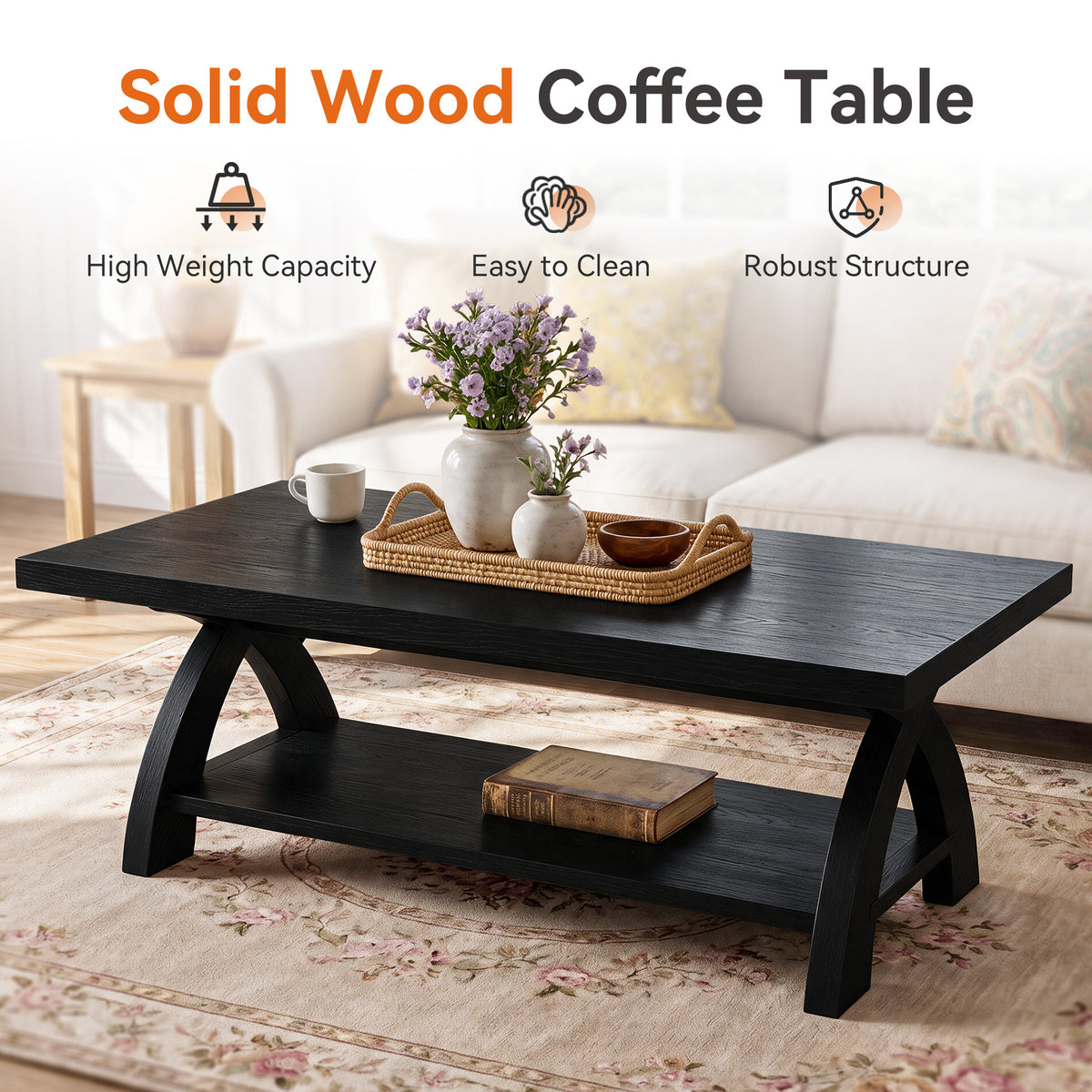 Tribesigns 47.24-Inch Solid Wood Coffee Table, X-Leg Center Table for Living Room