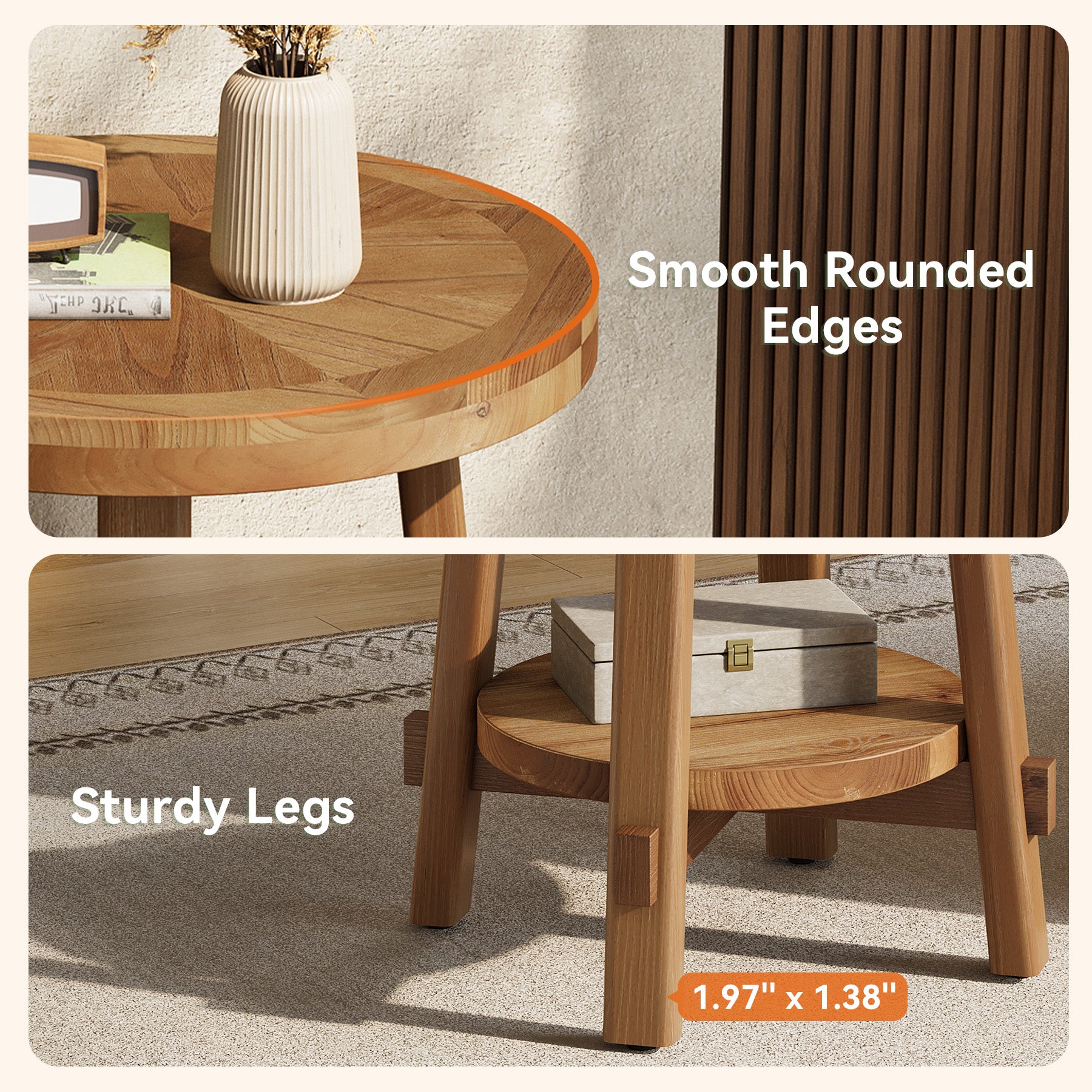 19.6" Round End Table, Solid Wood Side Table with 2-Tier Storage