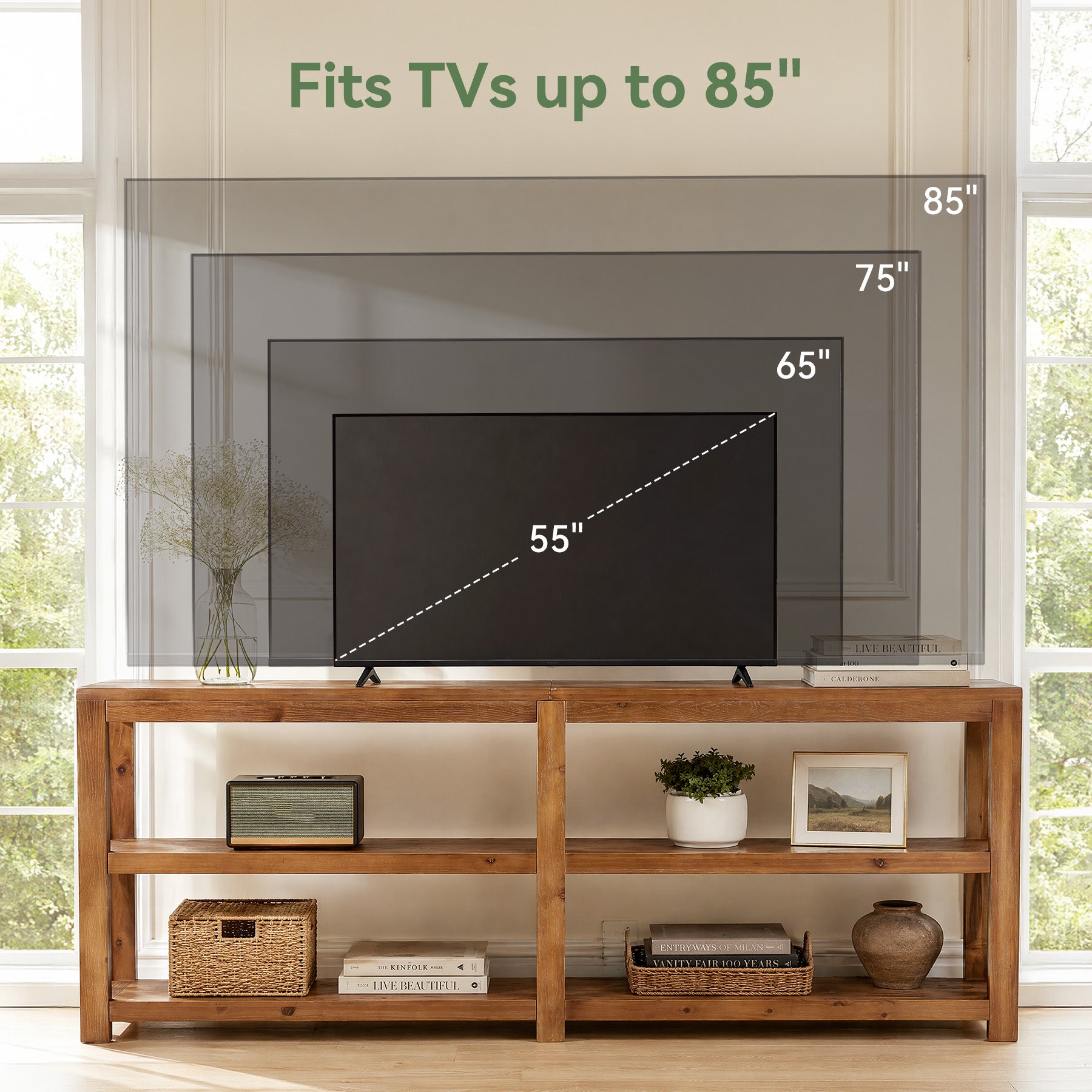 78.7" Solid Wood TV Stand for up to 85" TVs, 3-Tier Extra Long Entertainment Center