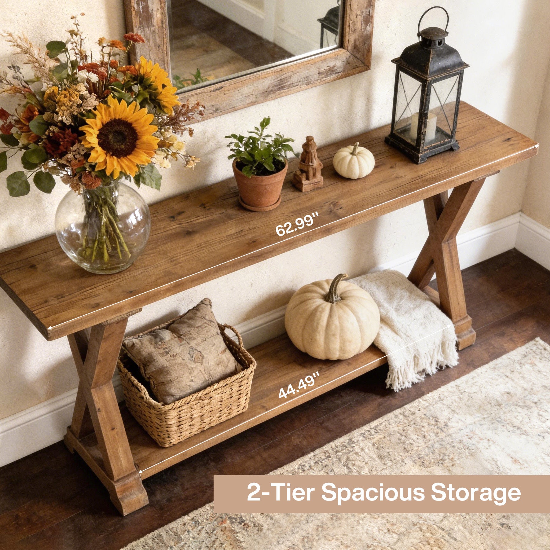 63" Solid Wood Console Table, Narrow Farmhouse Sofa Table with 2-Tier Storage for Entryway, Hallway & Behind Couch