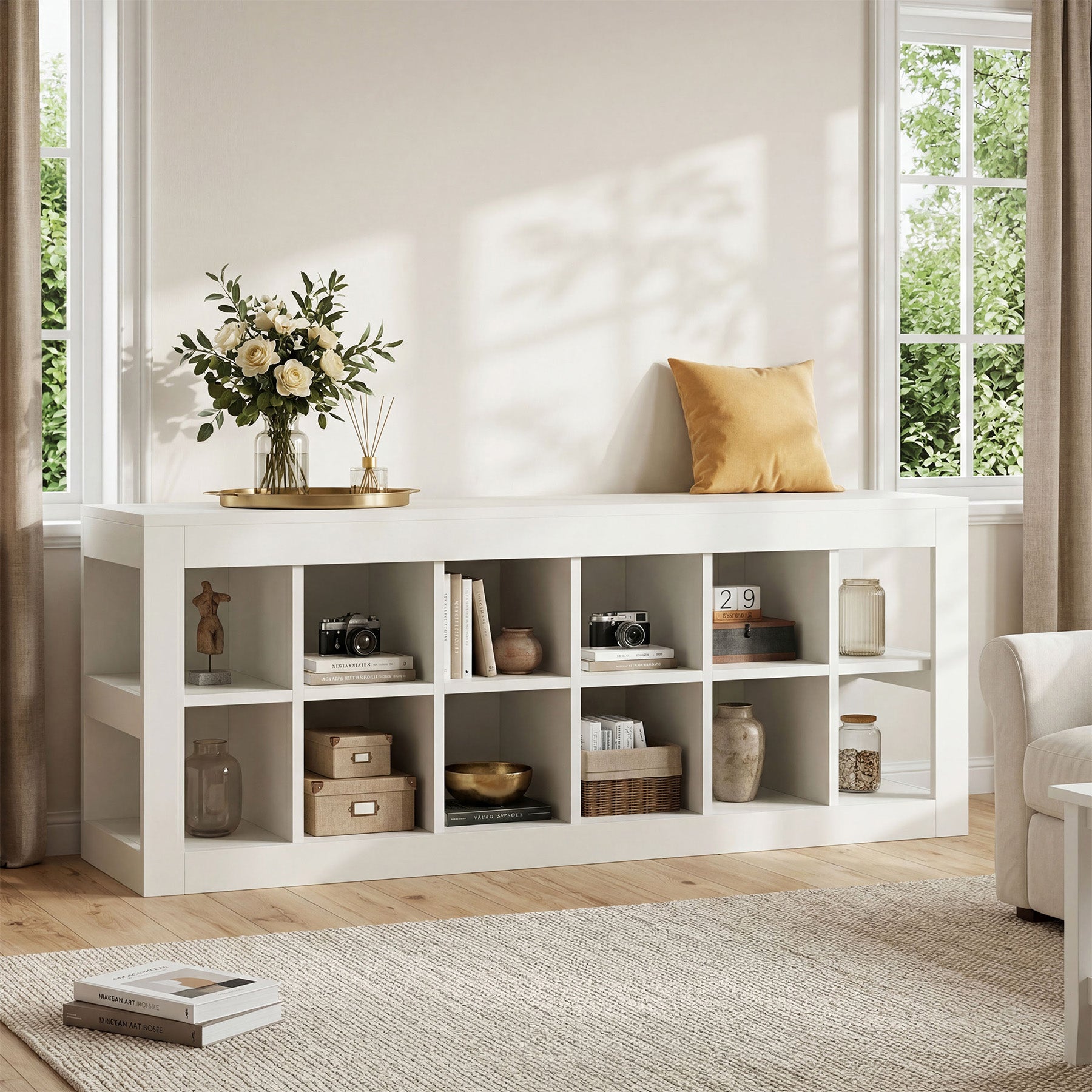 52.36" Shoe Storage Bench with 12 Cubbies, Wooden Entryway Bench for Hallway