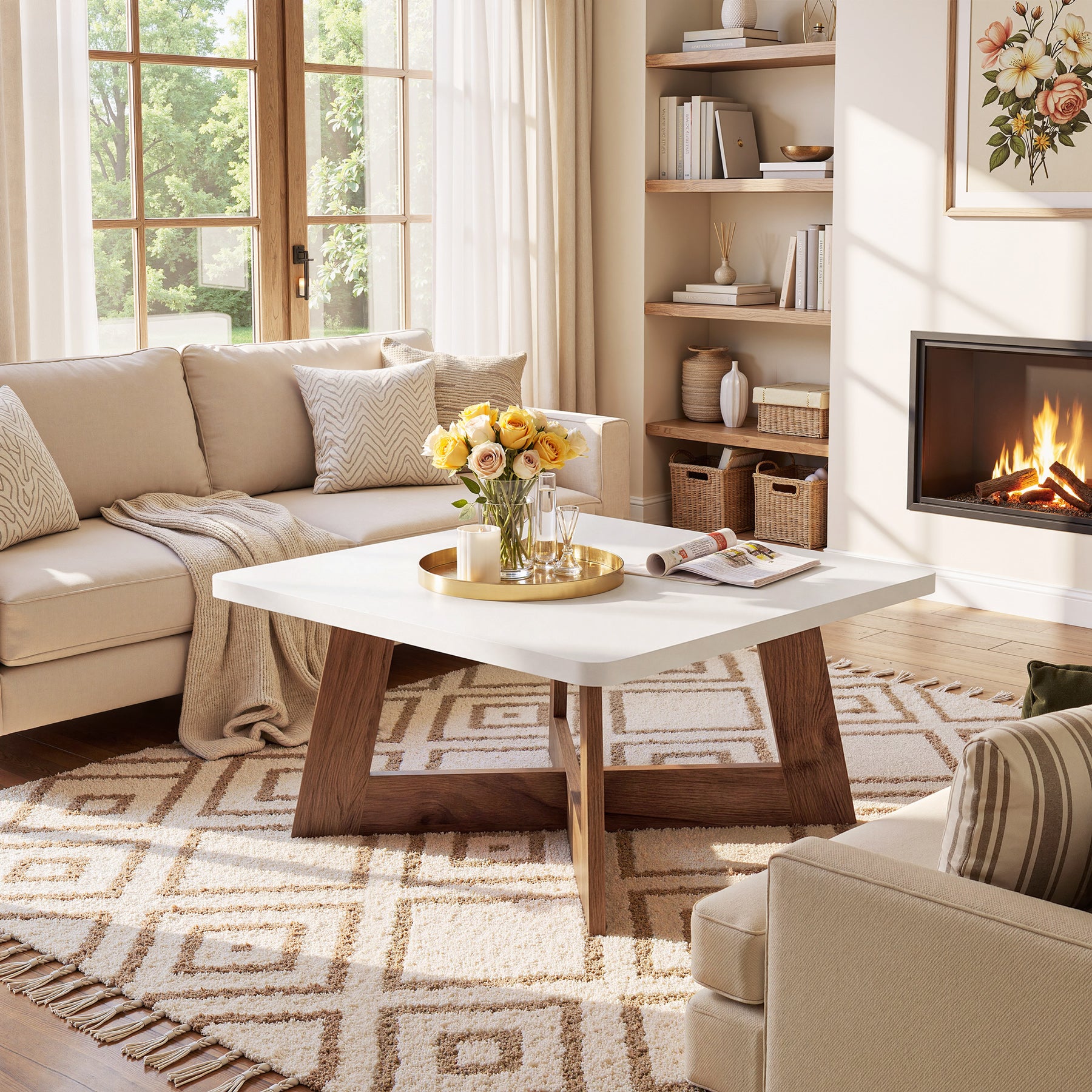31.5" Square Coffee Table, Modern Cocktail Table with Reinforced Cross Brace for Living Room