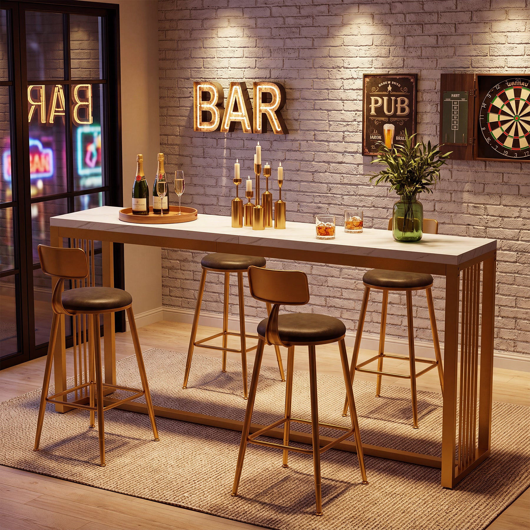 70.8" Bar Table, Counter Height Pub Table with Metal Base, Narrow Kitchen & Dining Room