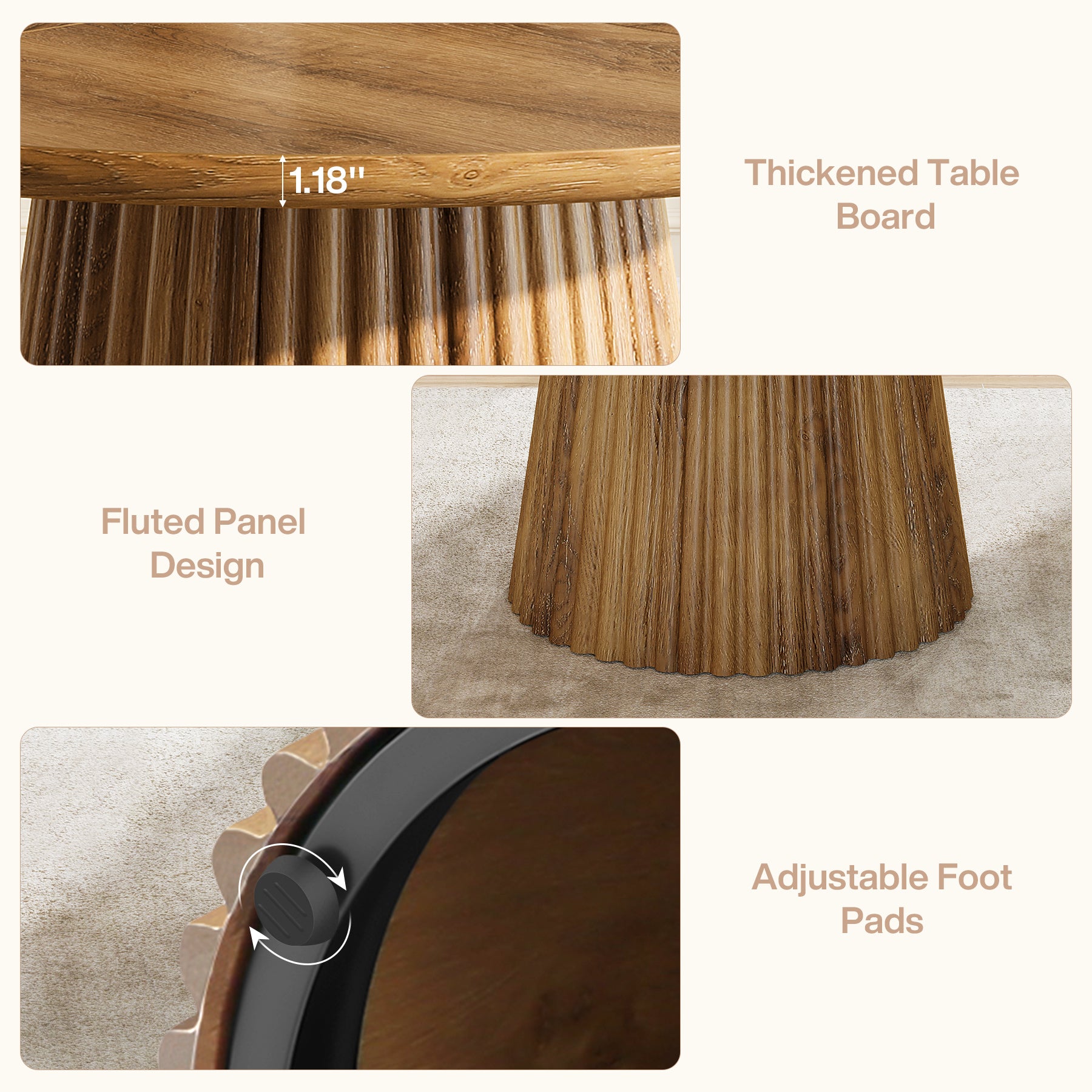 Round Dining Table, 47.24" Kitchen Table with Fluted Design for 4-6