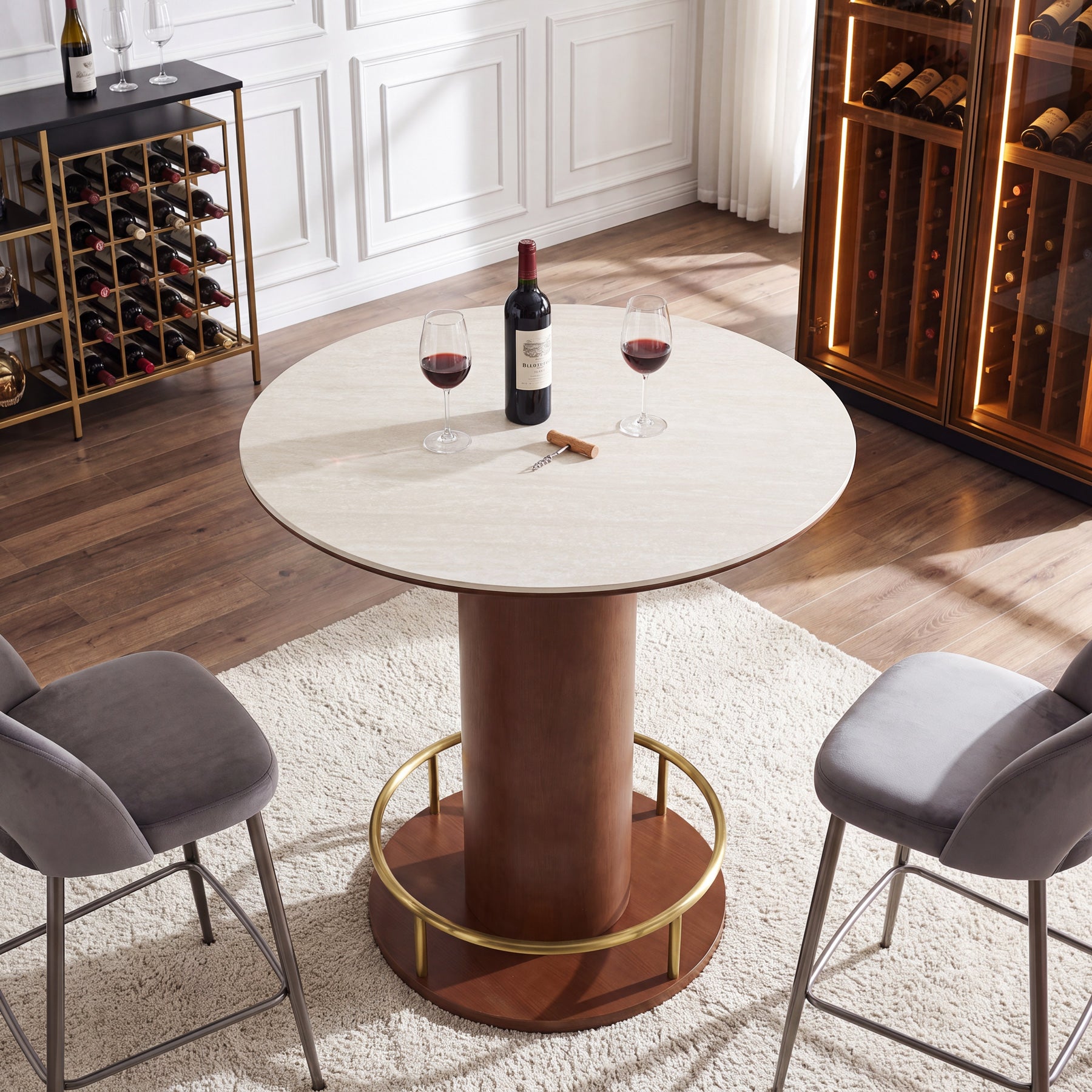 31.5" Round Sintered Stone Dining Table, Small Pedestal Kitchen Table for 2-4, Solid Rubber Wood Base