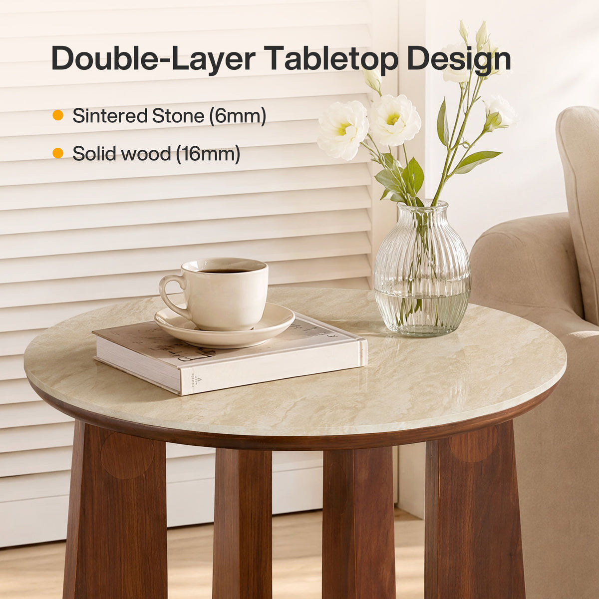 19" Round End Table, Sintered Stone with Solid Wood Base, Mid-Century Modern