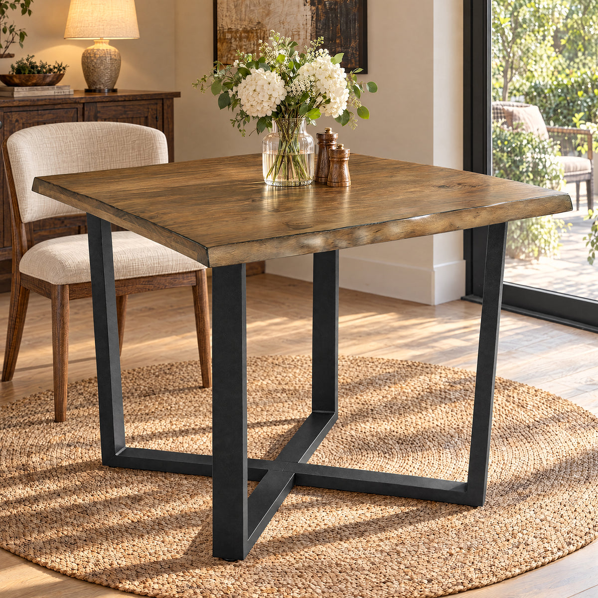 31.5" Solid Wood Square Dining Table with Live Edge Top & Cross-Braced Metal Legs