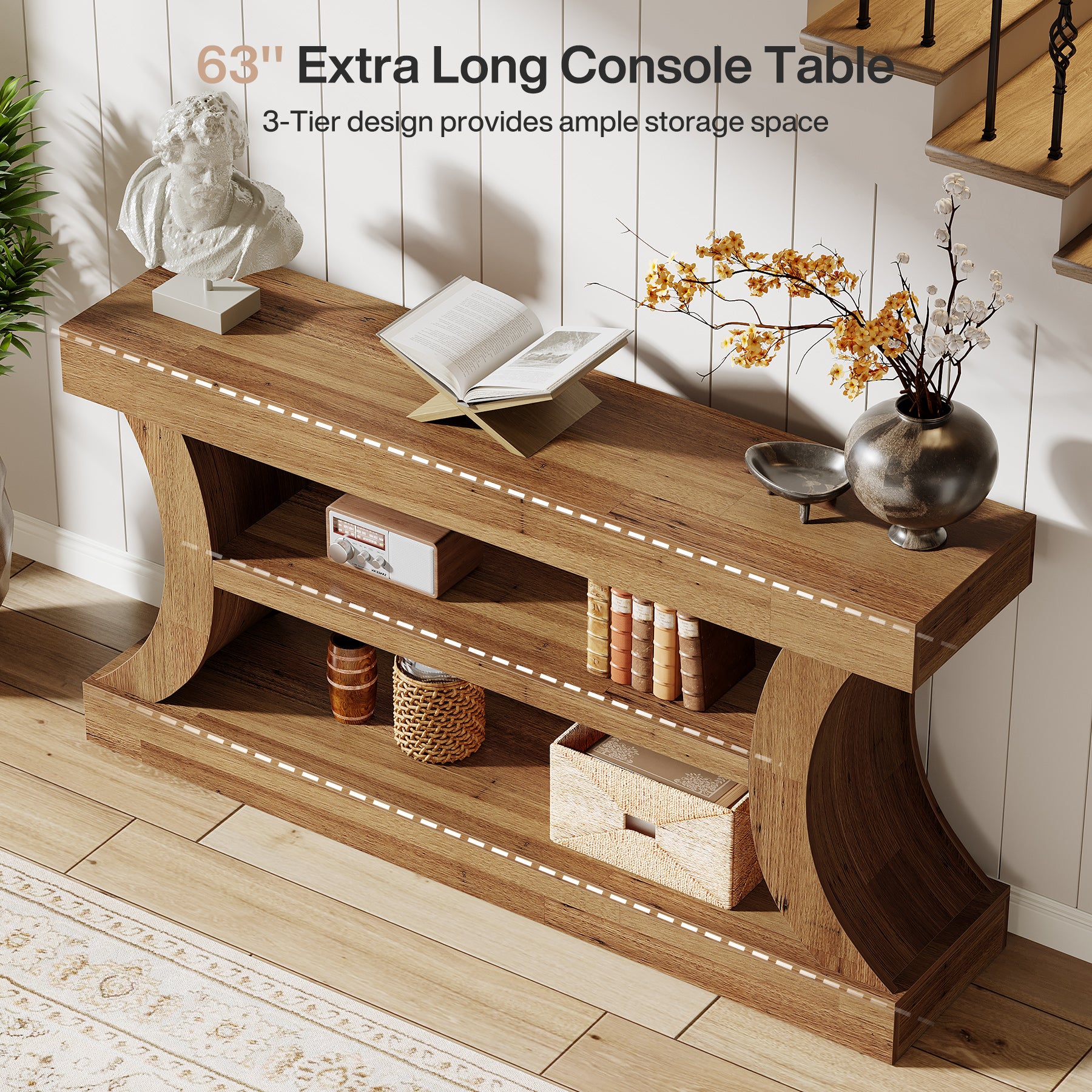 63" Farmhouse Console Table with Storage, Curved Entryway Sofa Table & TV Console with 3-Tier Shelves