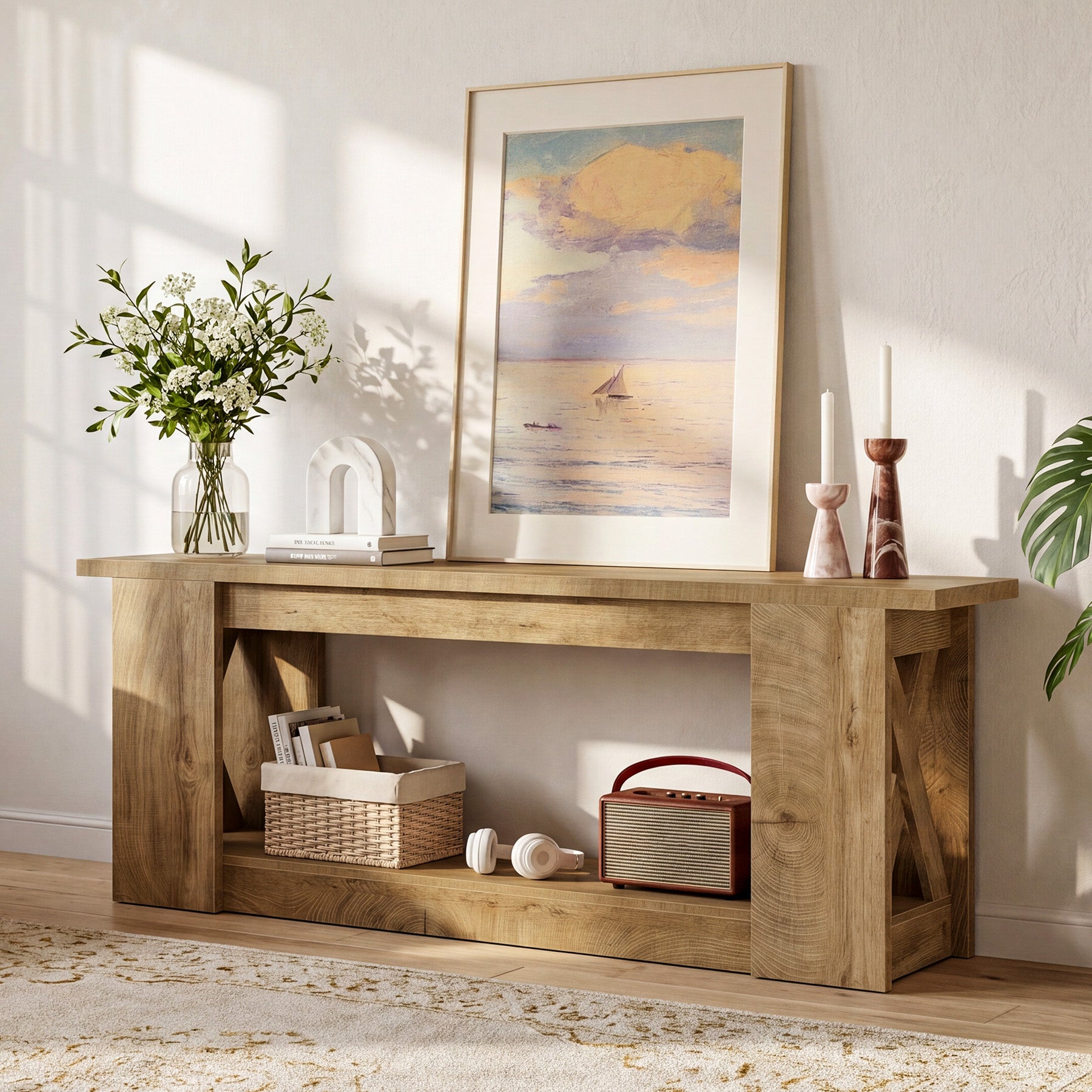 63-Inch Farmhouse TV Stand for TVs up to 70 Inches, Rustic Media Console with 2-Tier Open Storage