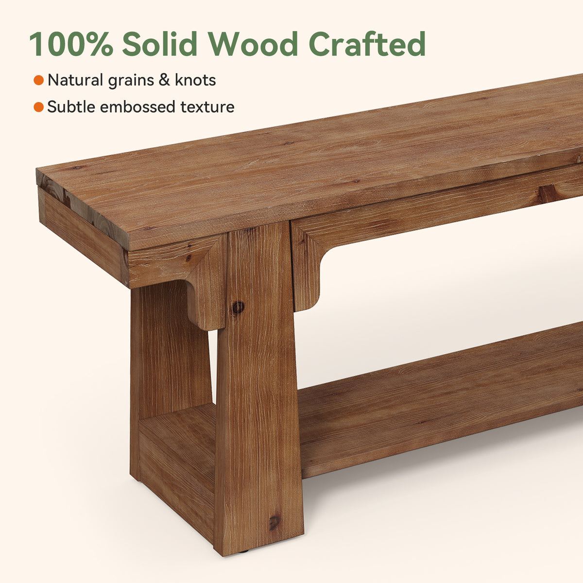 63" Natural Solid Wood Entryway Bench, 2-Tier Open Shoe Storage, Hallway