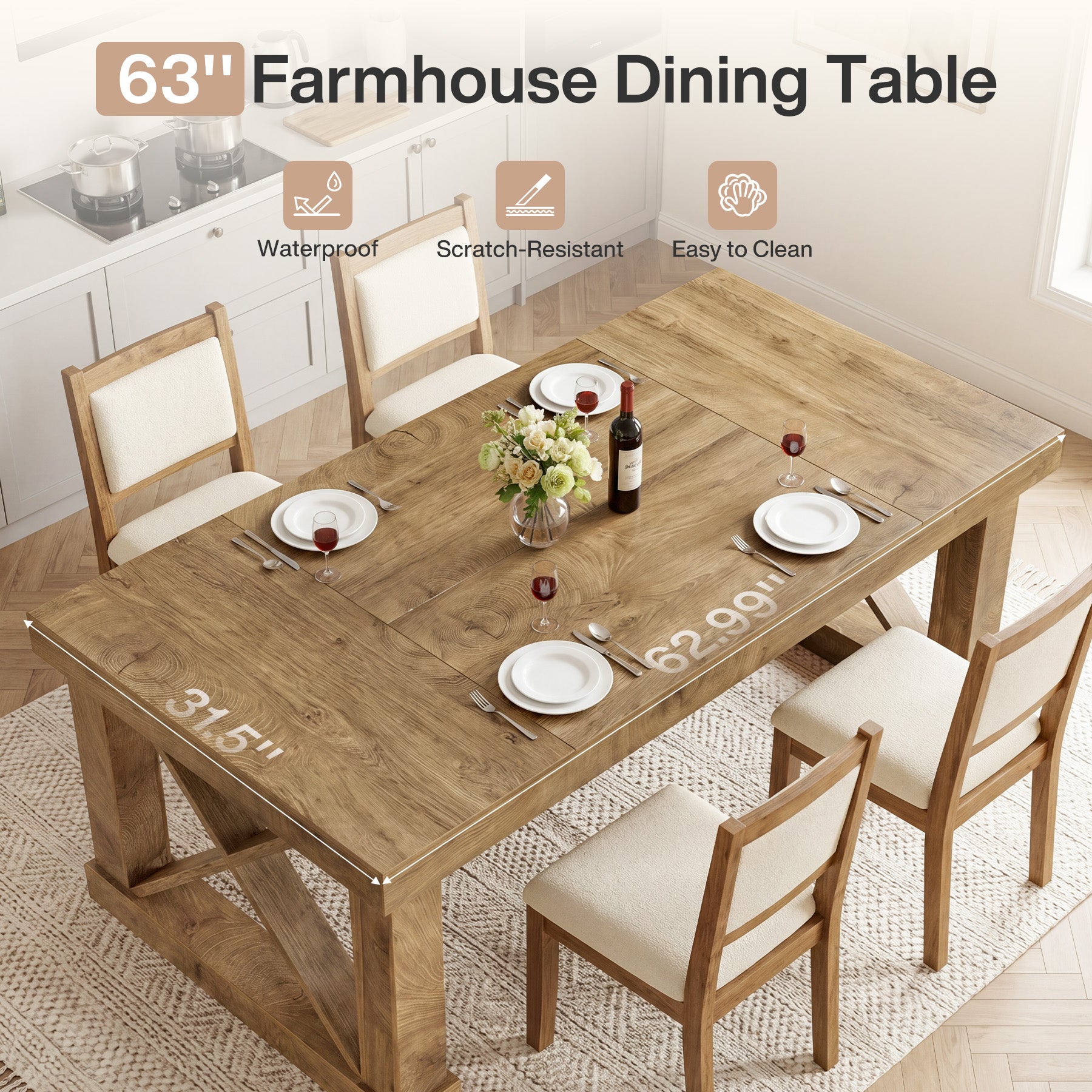 63" Farmhouse Dining Table for 4-6 People, Rectangular Wood Kitchen Table with Heavy-Duty X Legs