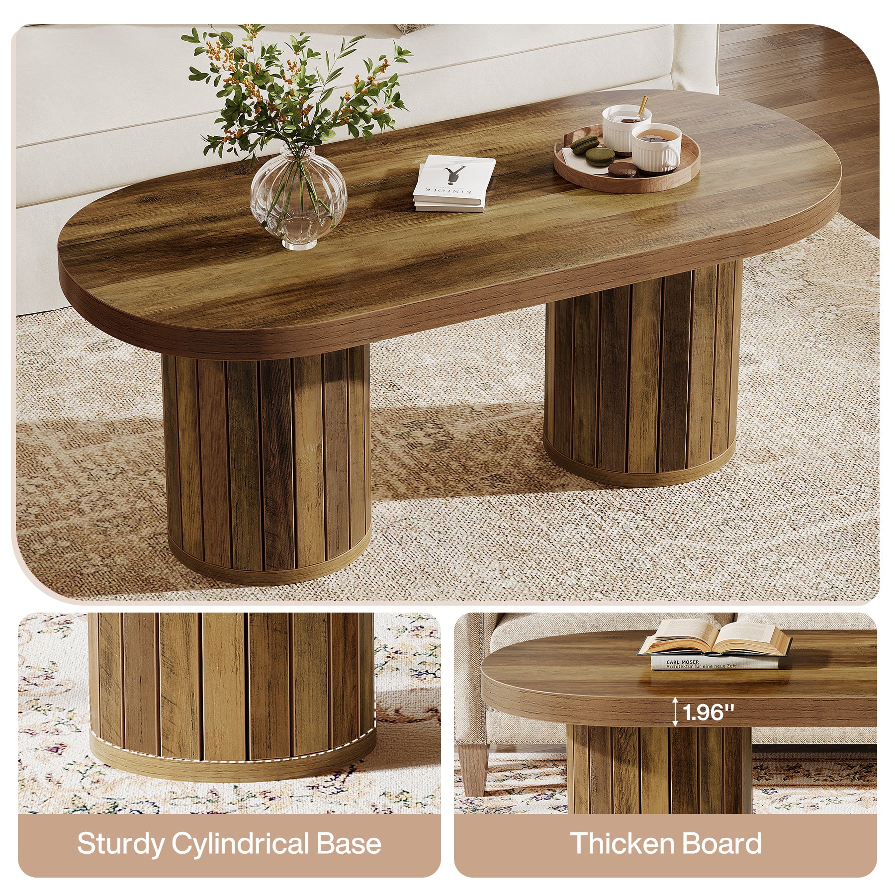 Oval Coffee Table, 47.2" Accent Center Table with Fluted Cylindrical Legs