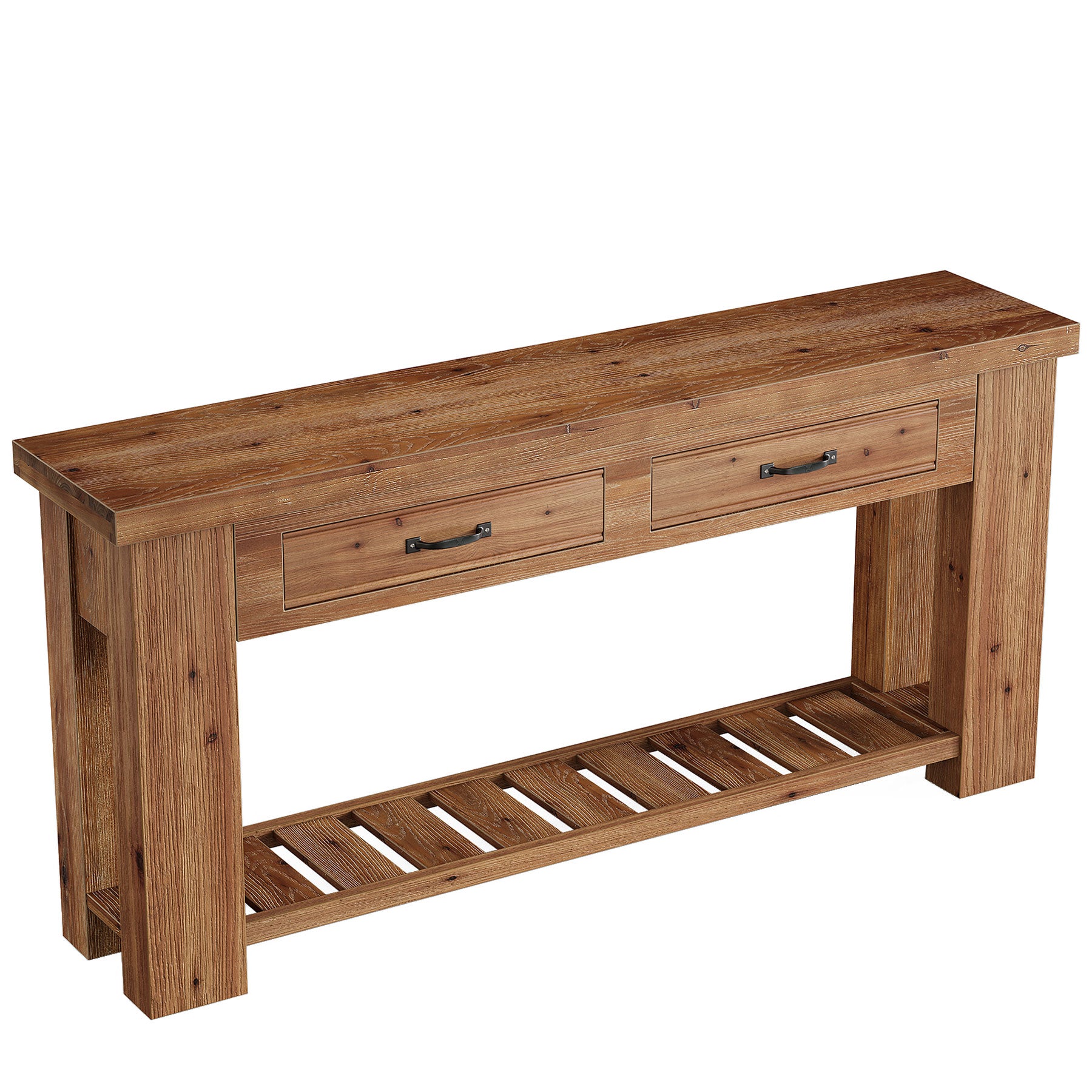 63" Solid Wood Console Table, Entryway Sofa Table with 2 Drawers and Open Slatted Shelf