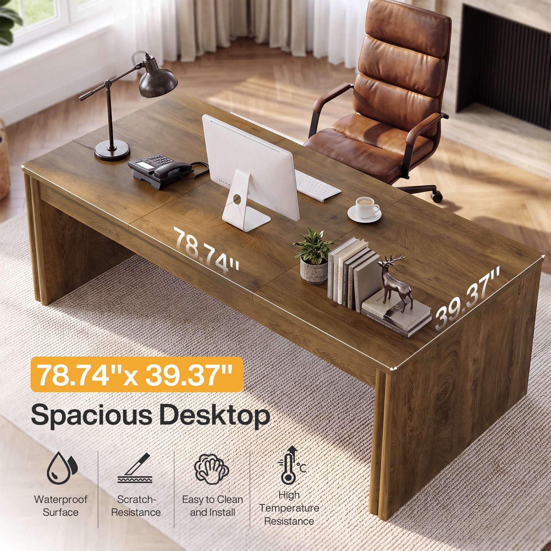 79" Executive Desk, Farmhouse Computer Desk with Wide Tabletop for Home Office