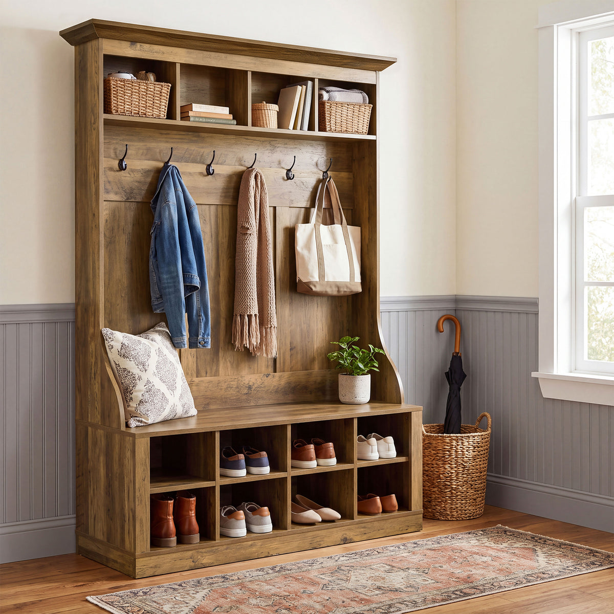 4-in-1 Hall Tree with Bench & Shoe Storage, 70.9" H Entryway Coat Rack with 6 Hooks, 12 Cubbies