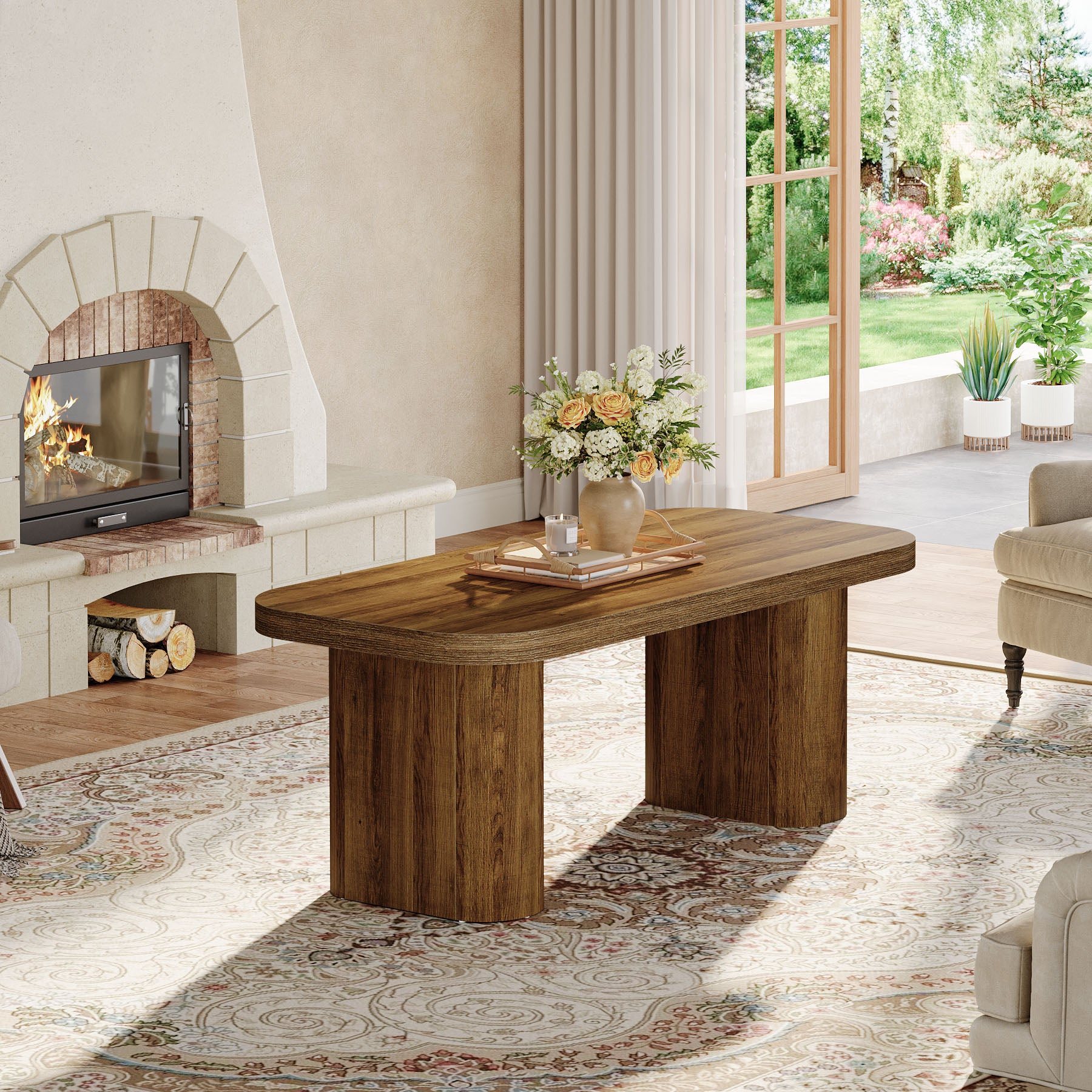 47-Inch Farmhouse Coffee Table, Rectangular Center Table with Rounded Corners and Sturdy Base