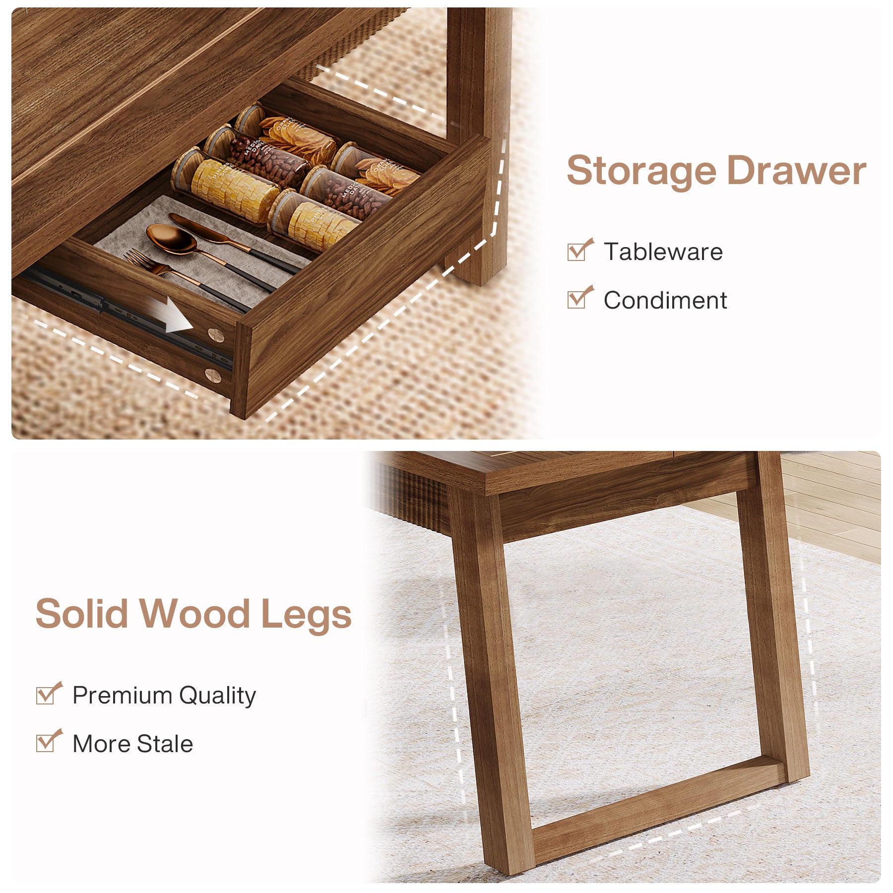 55" Rectangular Dining Table with Drawer & Solid Wood Legs for 4-6