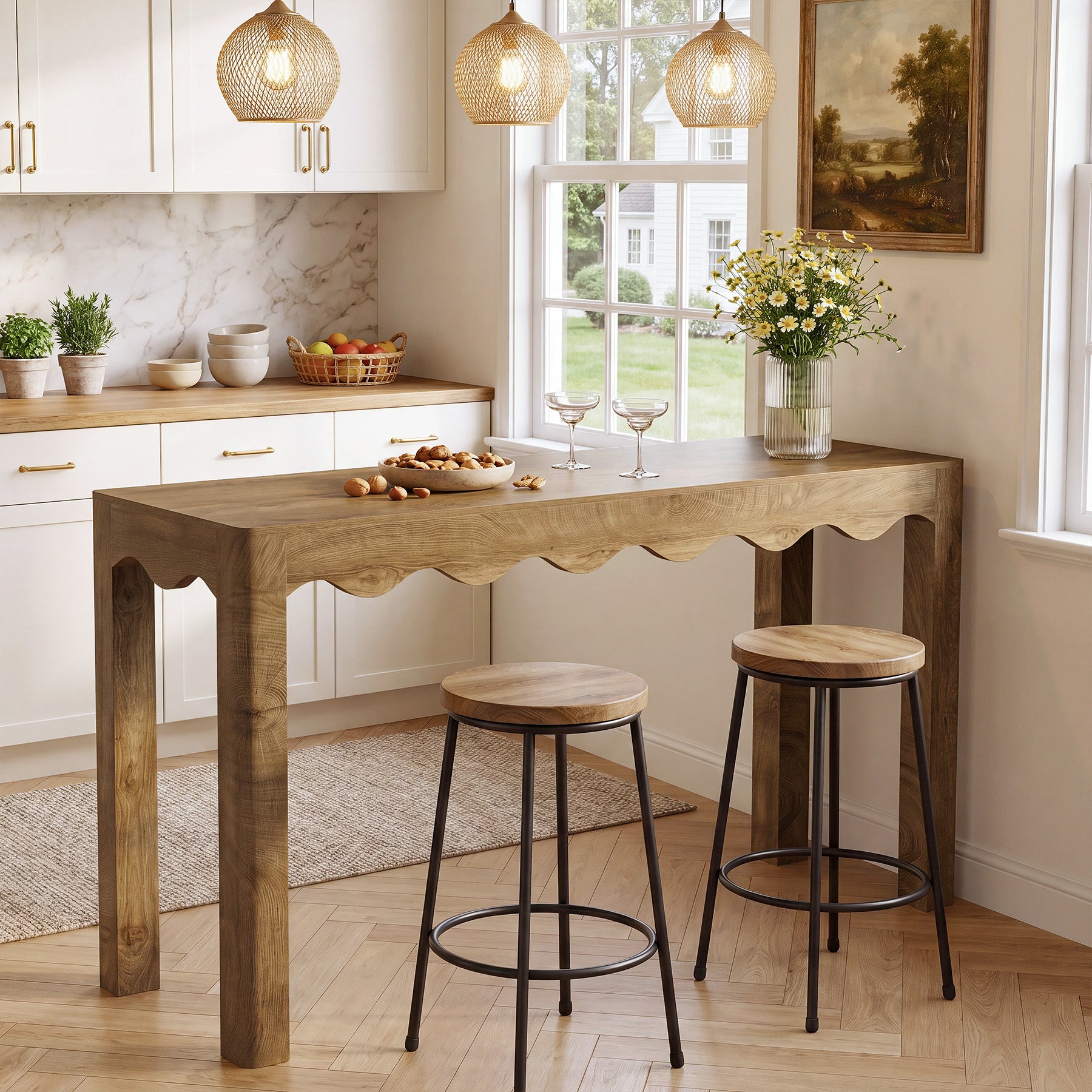 59" Bar Table for 4-6, Counter Height Pub Table with Wavy Curved Apron